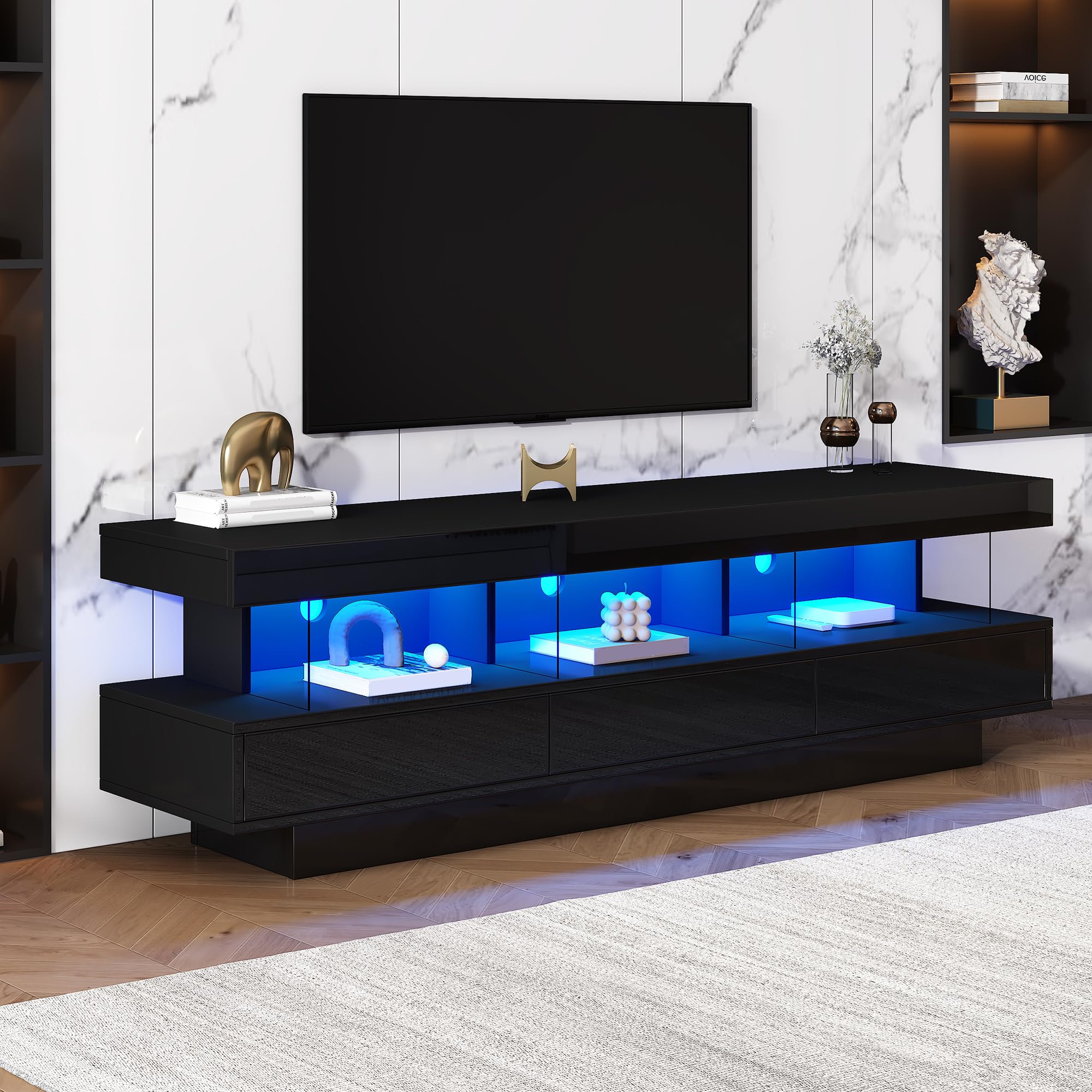 Mobile TV lucido con 3 scomparti aperti in vetro e ampio spazio di archiviazione, struttura stabile, superficie di facile manutenzione, adatto per TV fino a 70 pollici, arredamento moderno per