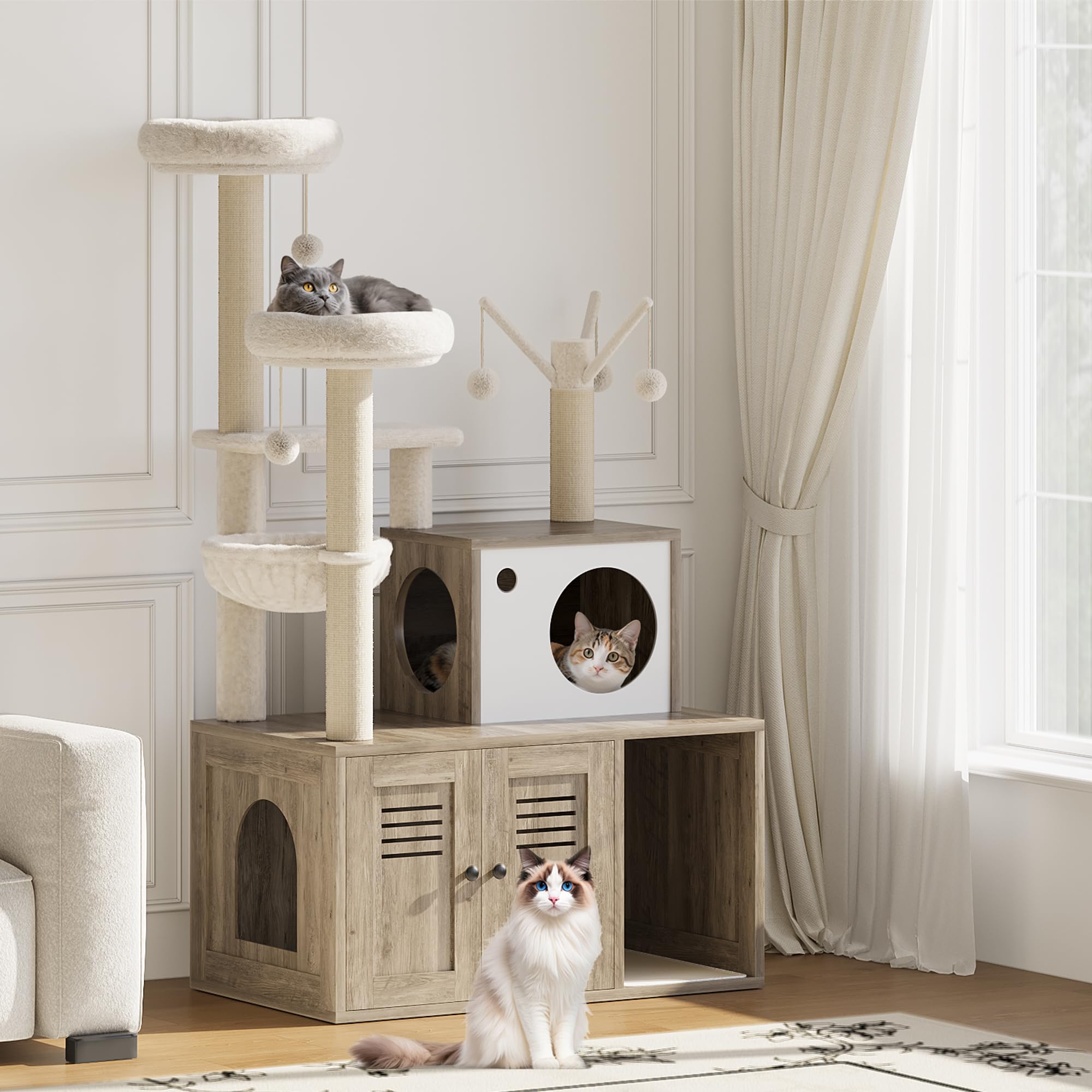 Litter Box Enclosure with Tree Tower and Condo, Wooden Cat Tower with Scratching Posts, Cat Hammock, Hidden Litter Box Furniture,Wooden Cat Furniture with Multiple Platforms,Rustic Grey, Grey