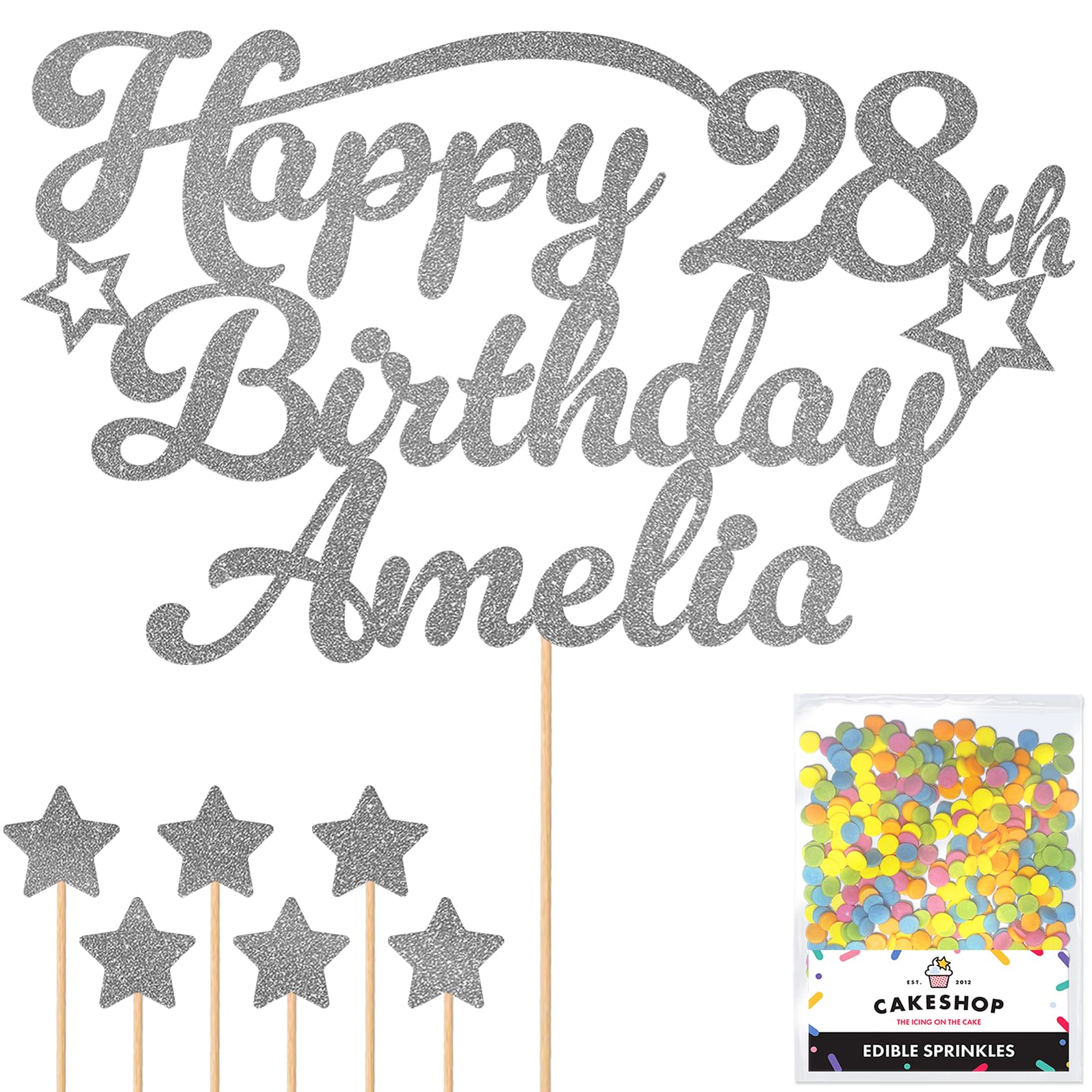 Personalised Happy Birthday Glitter Cake Topper Stars - Dark Silver Any Name & Any Age Glitter Cake Decoration and Sprinkles - Happy Birthday Decorations - Personalised Toppers for Cakes by Cakeshop