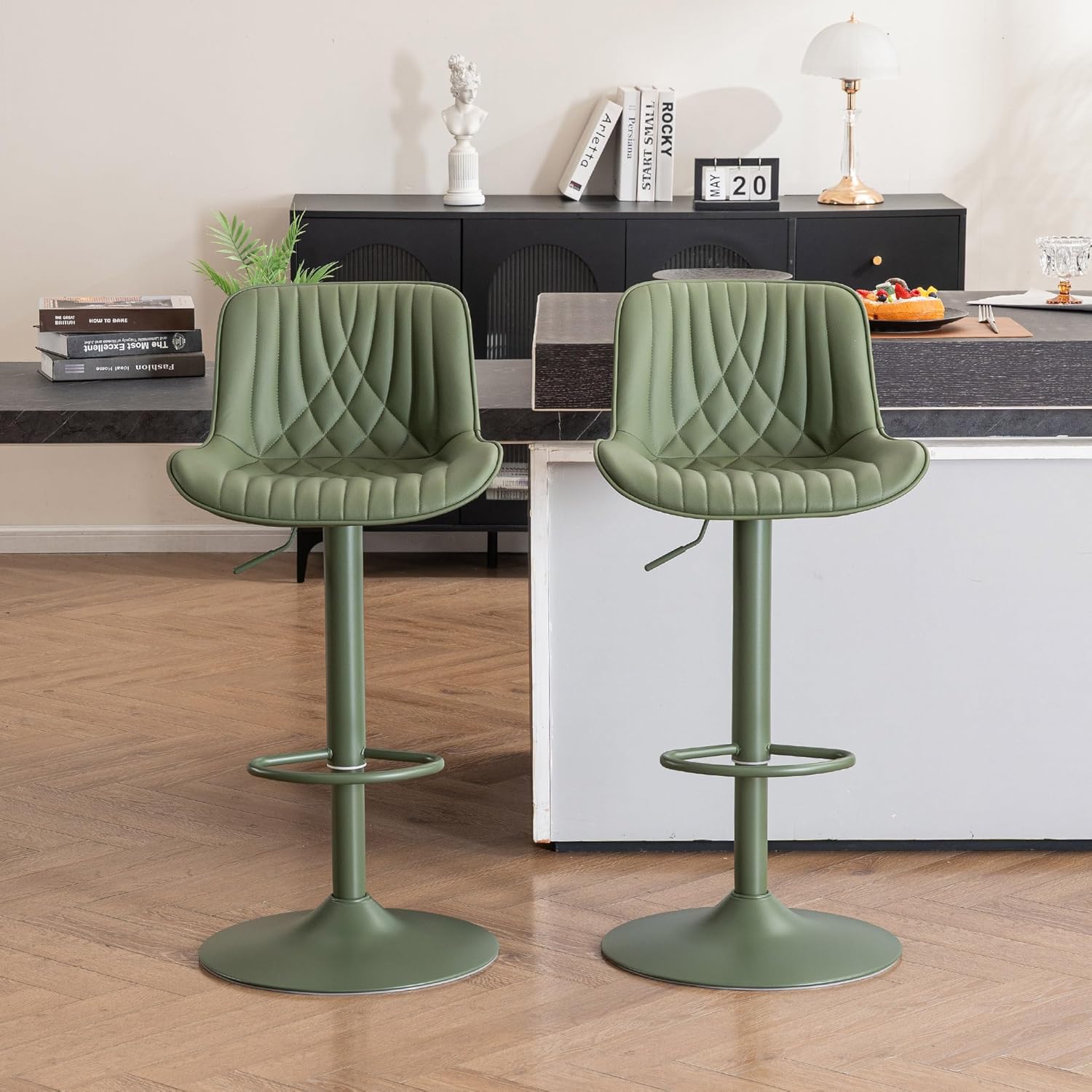 YOUTASTE Bar Stools Set of 2, Adjustable Swivel Counter Height Barstools with Back, All Olive Green Faux Leather Upholstered Bar Chairs with Metal Base, Stools for Kitchen Island or Home Bar