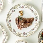 ACMLIFE Royal Gold-Plated Bone China Dinnerware Set for 4, Vintage Floral Dinnerware Set, Light Blue 12 Piece Lightweight Bone China Dinnerware Set Plates and Bowls Set (White Gold)
