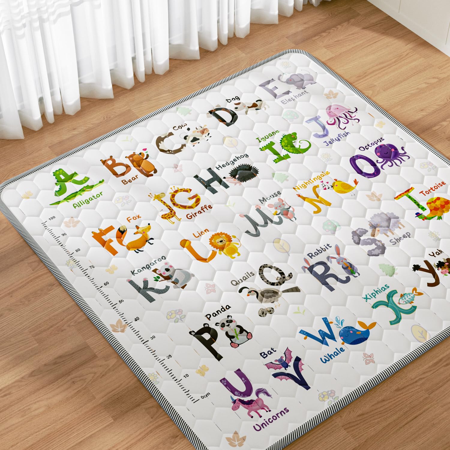 Tappeto Gioco Bambini 127x127cm,Addensare Tappeto Gioco Neonato Pieghevole con 26 Lettere,Stampa Animalier e Righello per l'altezza,Educare Tappeto Neonato,Antiscivolo,Lavabile in Lavatrice