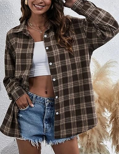 Miniatura 3 de HangNiFang - Camisas de franela a cuadros para mujer, de gran tamaño, con botones, Blusas de manga larga