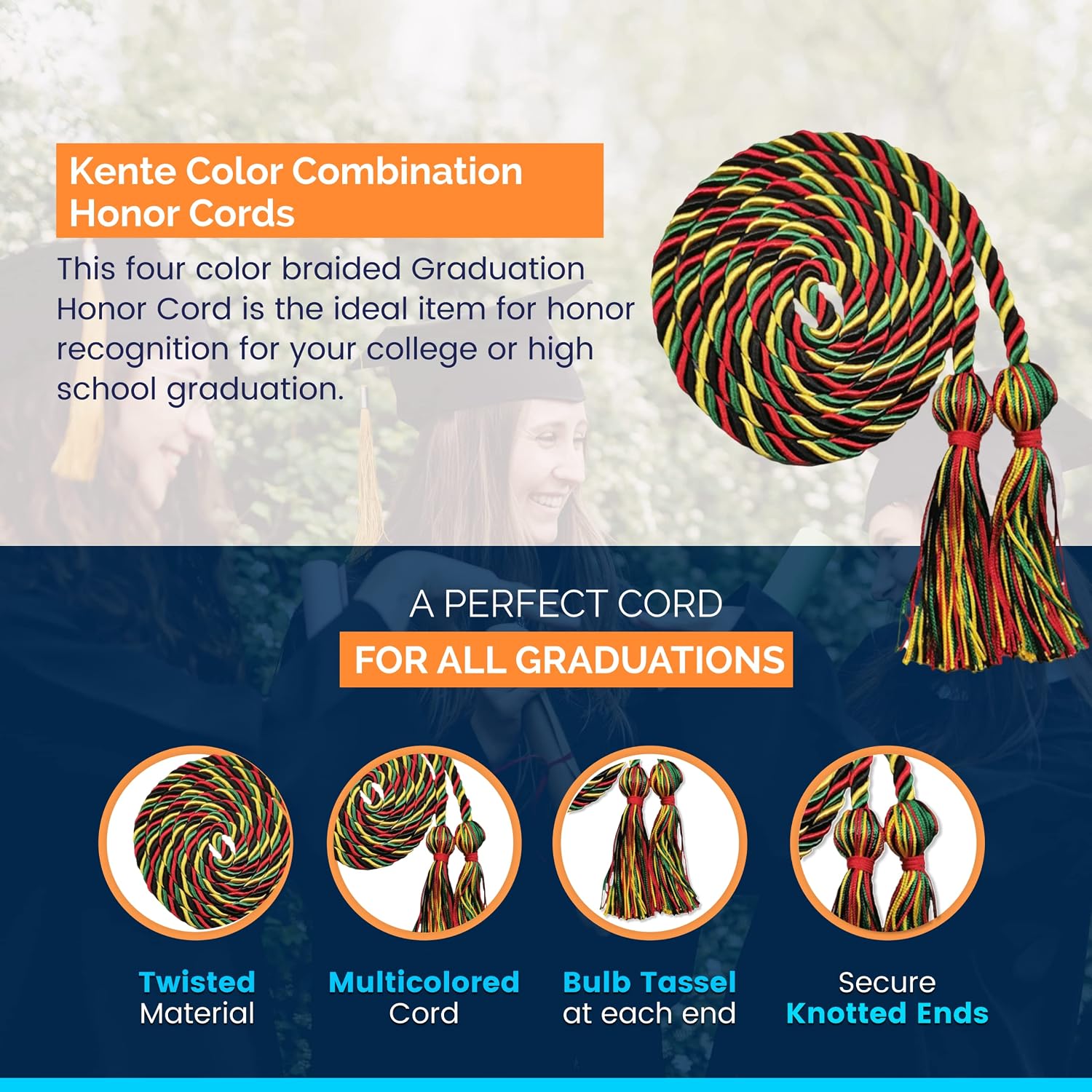 Kente Graduation Honor Cords - 68” Length - Black, Red, Kelly, Gold Color Combo - Secure Knotted Tassel Ends - One Size Fits All