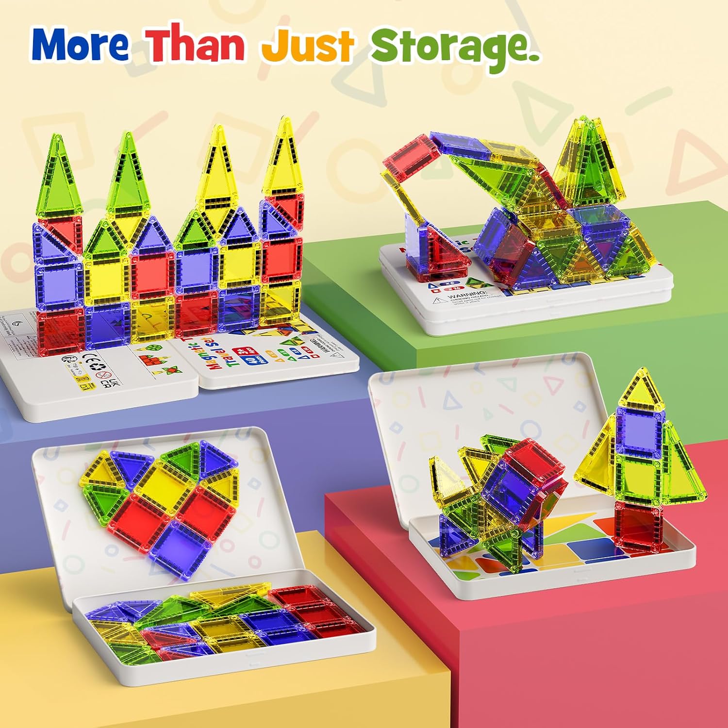 Mini Magnetic Tiles Travel Kit for Kids Ages 3-8, 60pcs Portable Magnetic Building Blocks with Visual Storage Guide & Metal Play Base, STEM Sensory Toys for Preschool Learning