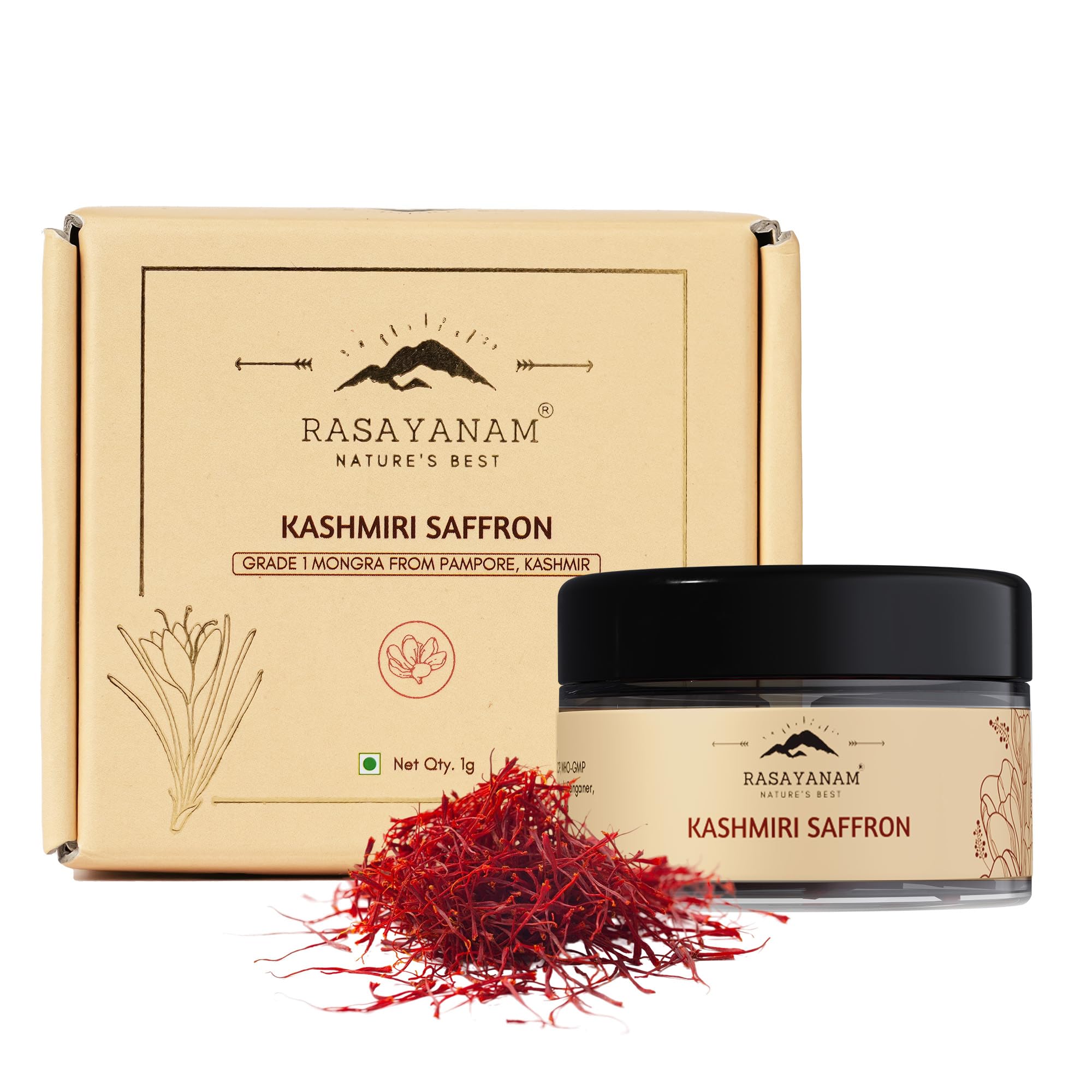 Rasayanam Pure Original Kashmiri Saffron/Kesar/Kumkuma Puvvu (1gm) | Certified highest Grade-A Keshar | Saffron for pregnant women, Pooja rituals & Food aroma