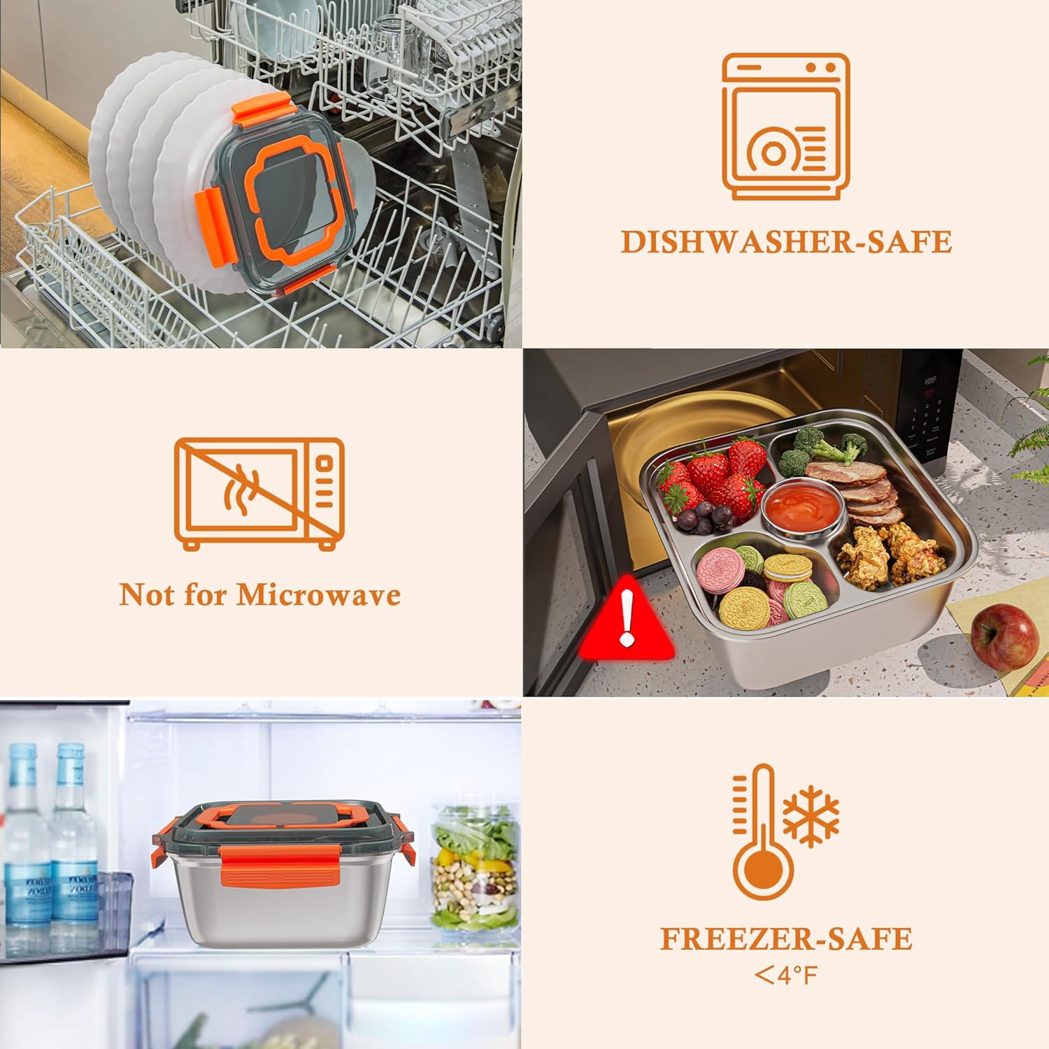 Stainless Steel Salad Container for Lunch,64-oz Portable Salad Bowls with 4-Compartment Bento-Style Tray,Leak-Proof Salad Containes for work picnic(Orange) - Image 4