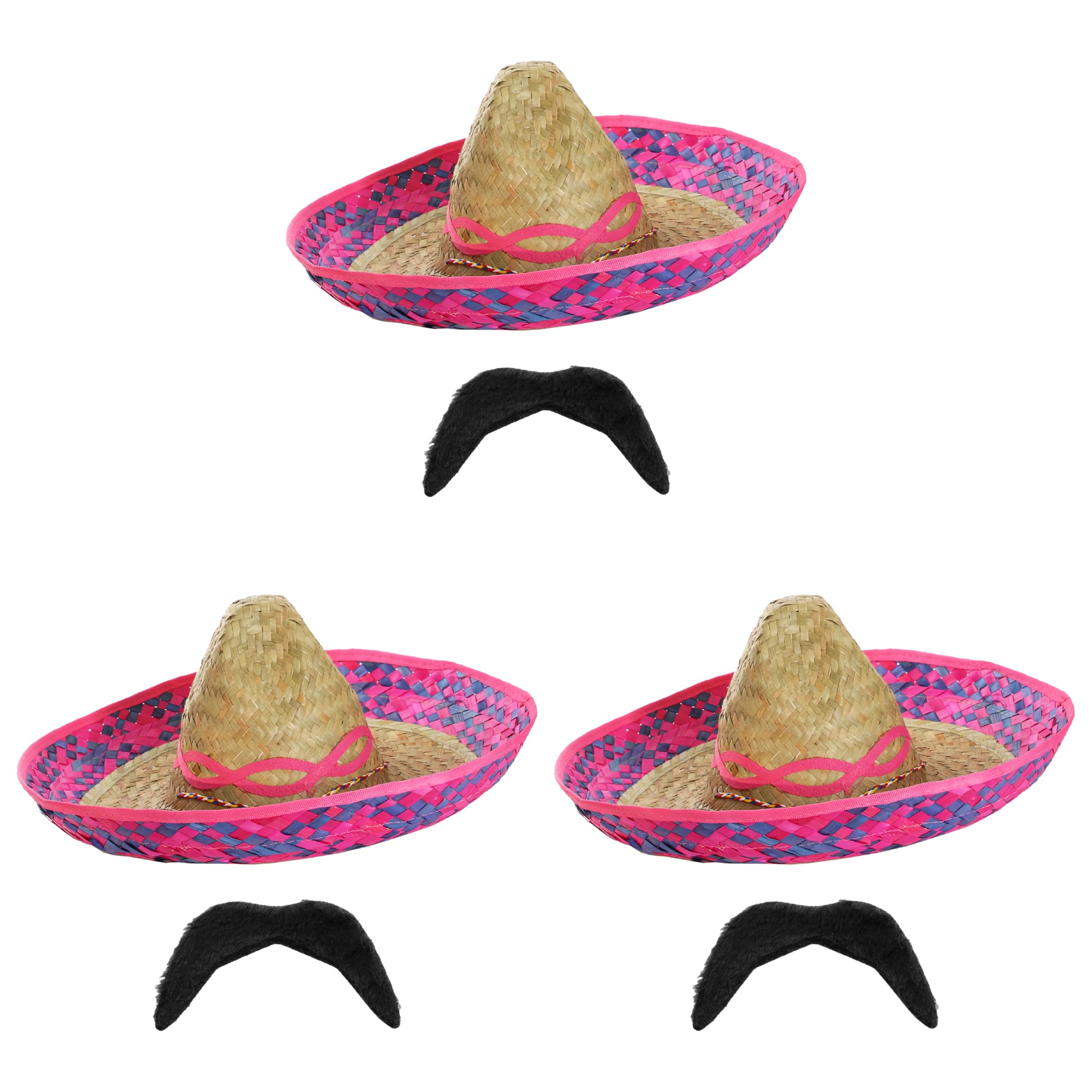 Adults Deluxe Mexican Sombrero Set - Pack of 3 - Pink Embroidered Straw Sombrero and Black Moustache - Mexico Fiesta Cinco de Mayo Mariachi Fancy Dress Costume Accessory Set