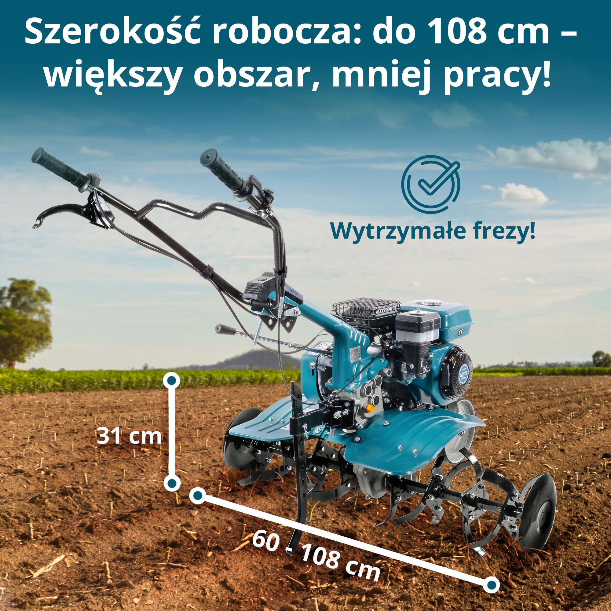 Glebogryzarka benzynowa Könner & Söhnen KS 7HP-950A Kultywator spalinowy z paskiem, napędem łańcuchowym, kutymi nożami szablastymi, regulowanym napędem, 2 biegi do przodu, do tyłu, szerokość robocza 108 cm, głębokość robocza ≤ 31 cm, 7,0 KM do wszystkich