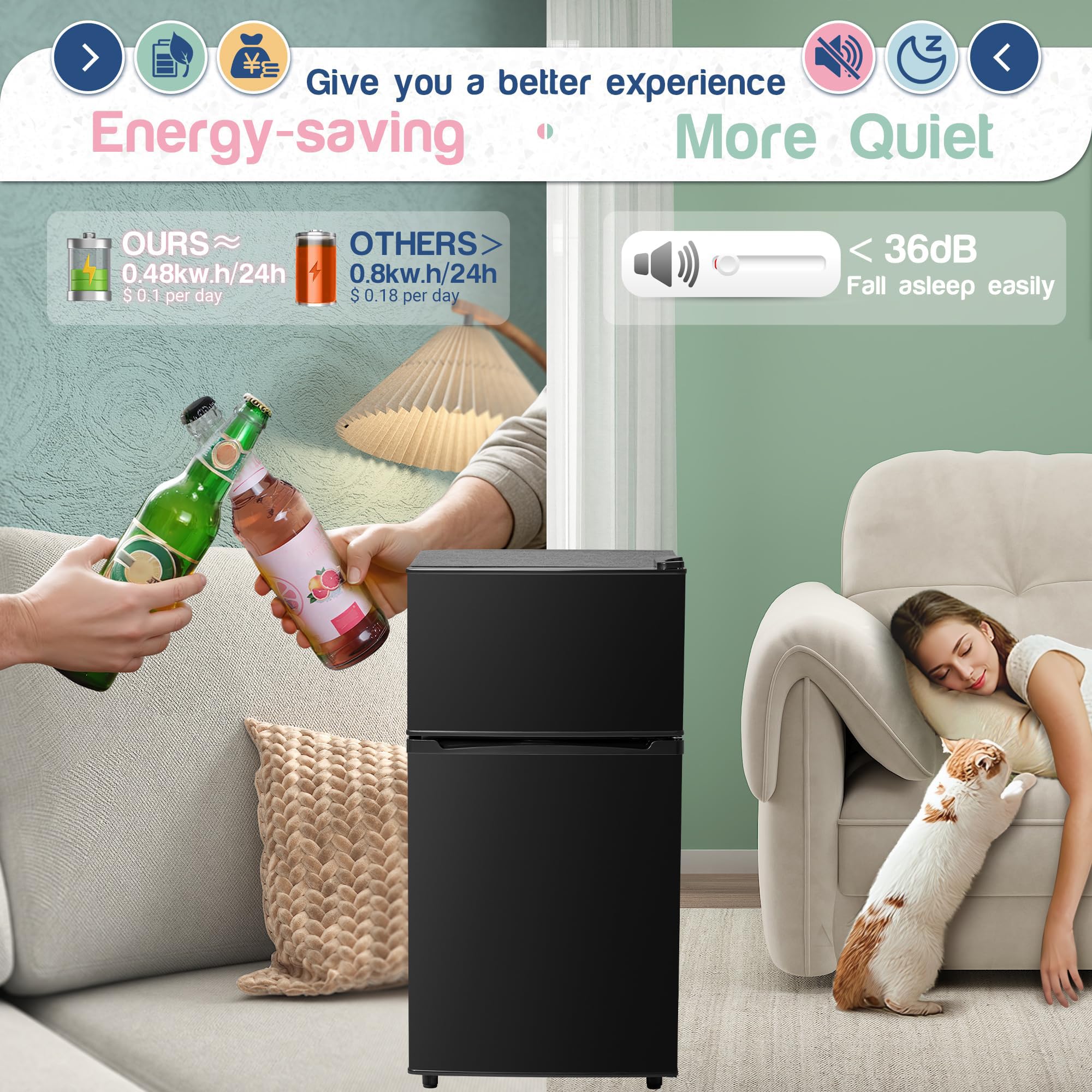 Tehanld Double Door Refrigerator With Freezer, 3.5 Cu.Ft, Small Fridge With Freezer, 7 Settings Temperature Adjustable, Mini Refrigerator For Office And Apartment Bedroom Dorm(3.5 Cu.Ft, Black) on Fridge.com - View 5
