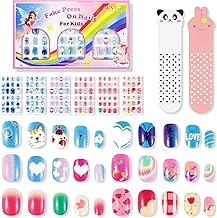 144 Pieces Children False Nails, False Nail Stickers Set for Kids Candy Pattern Kit Pre-Glue Printing Full Cover False Nails for Girls Kids Manicure Gift (#2-Love Cat)