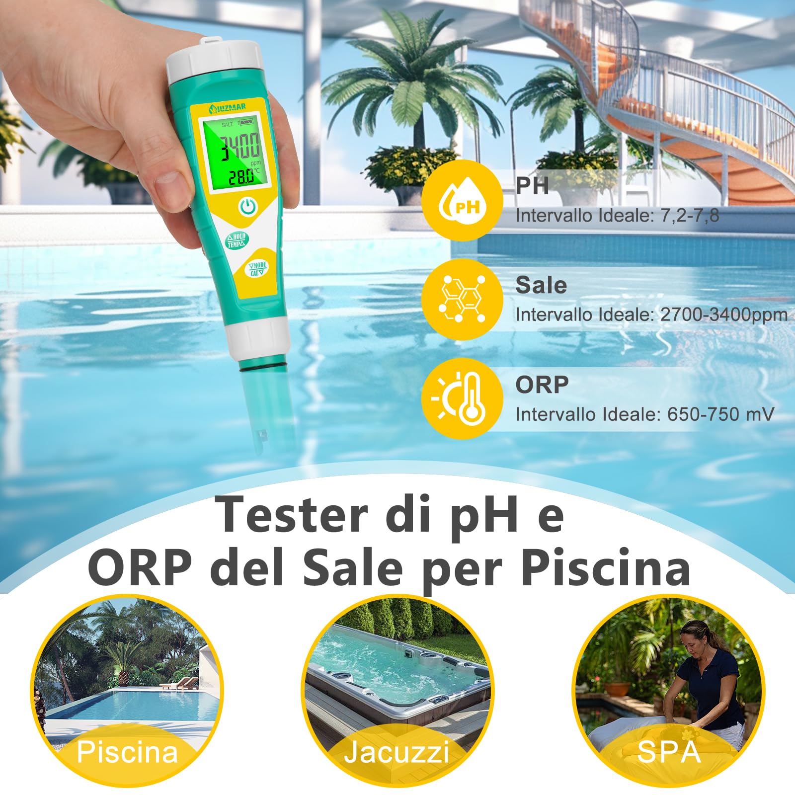 UIUZMAR Misuratore di pH e ORP Redox Salinità Piscina, 6 in 1 Tester | pH Sale Redox EC TDS per Piscina di Acqua Salata, Misuratore pH EC TDS per Idroponica, Acquario, Acqua Potabile