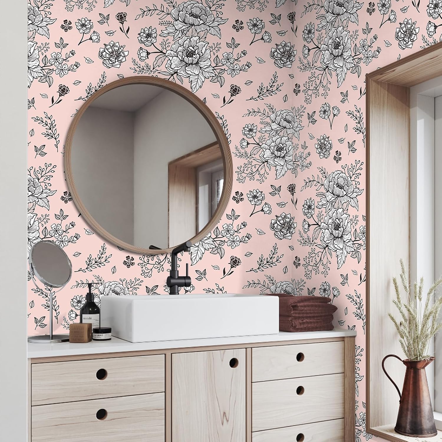 VEELIKE Pink Floral Wallpaper Stick and Peel Removable Floral Peel and Stick Wallpaper for Girls Bedroom Nursery 17.7''x118'' Self Adhesive Flower Wall Paper Pink Contact Paper for Walls Cabinets