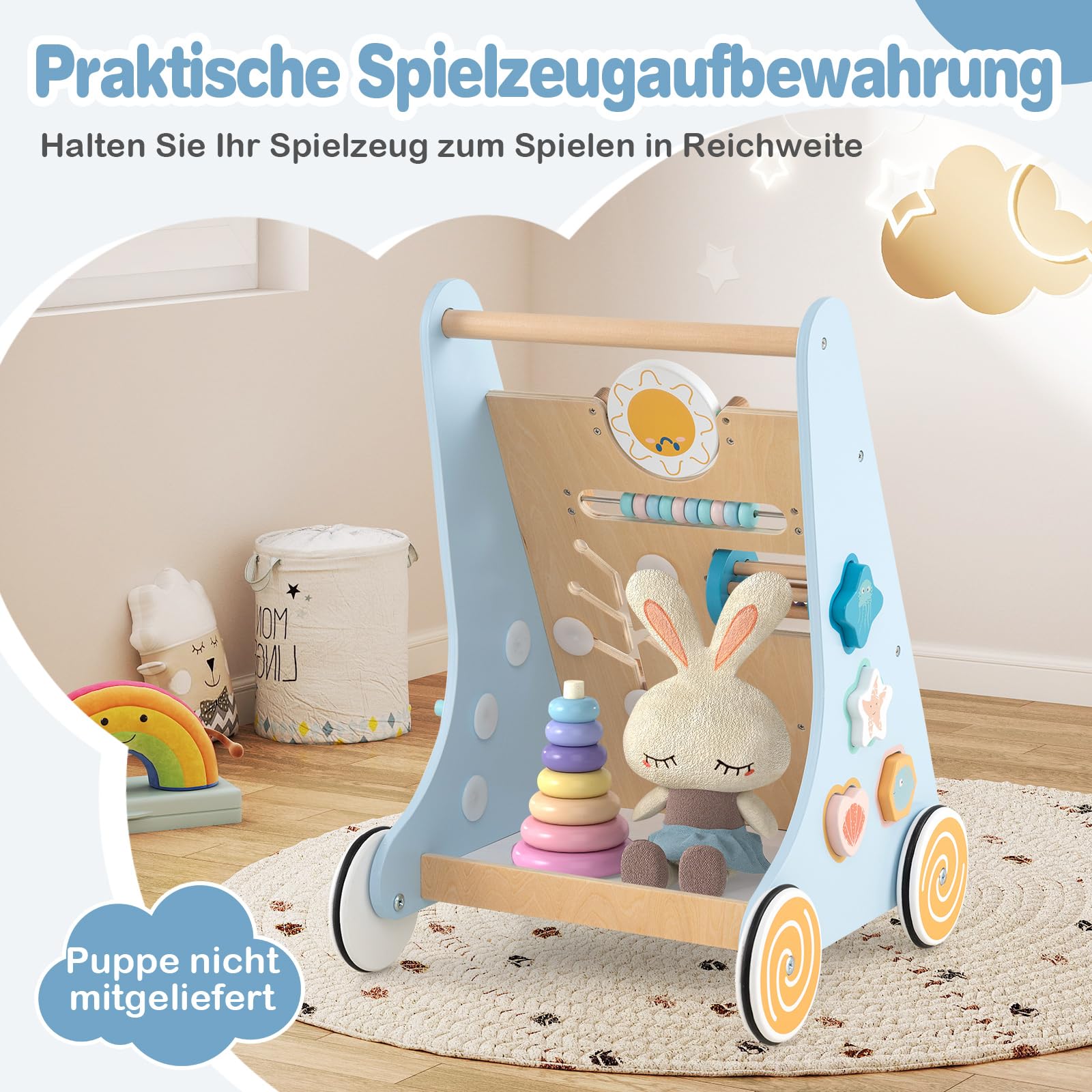 DREAMADE Lauflernwagen Holz, multifunktionale Lauflernhilfe mit Montessori Spielzeug, Schiebe- und Zieh-Lernaktivitätszentrum mit Rädern, Baby Walker für Jungen und Mädchen