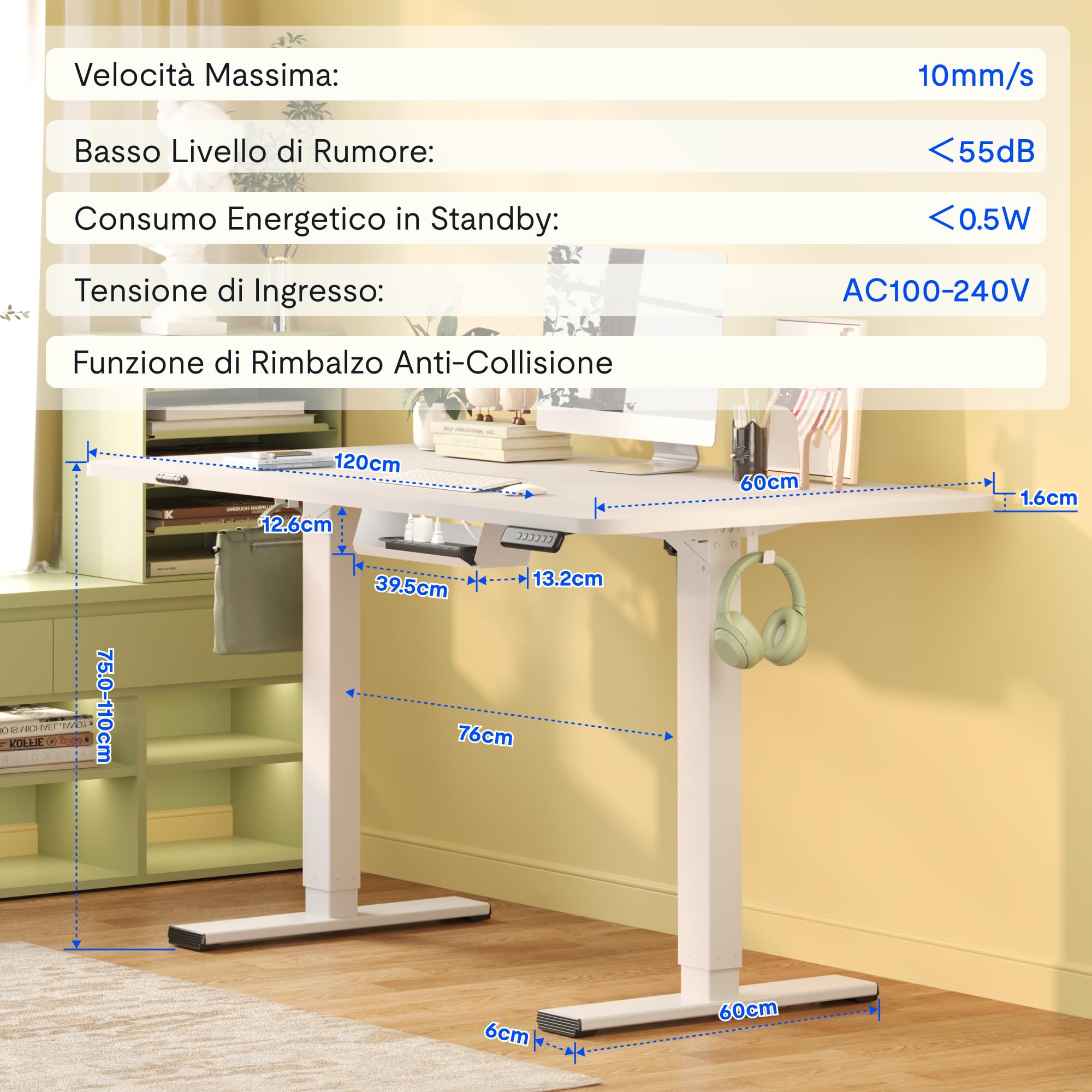 FLEXISPOT Scrivania Regolabile in Altezza 120x60 cm, Piano Unico FSC, 4 Memorie, Anticollisione con Ritorno Automatico, 2 Ganci, Portaoggetti e Gestione Cavi