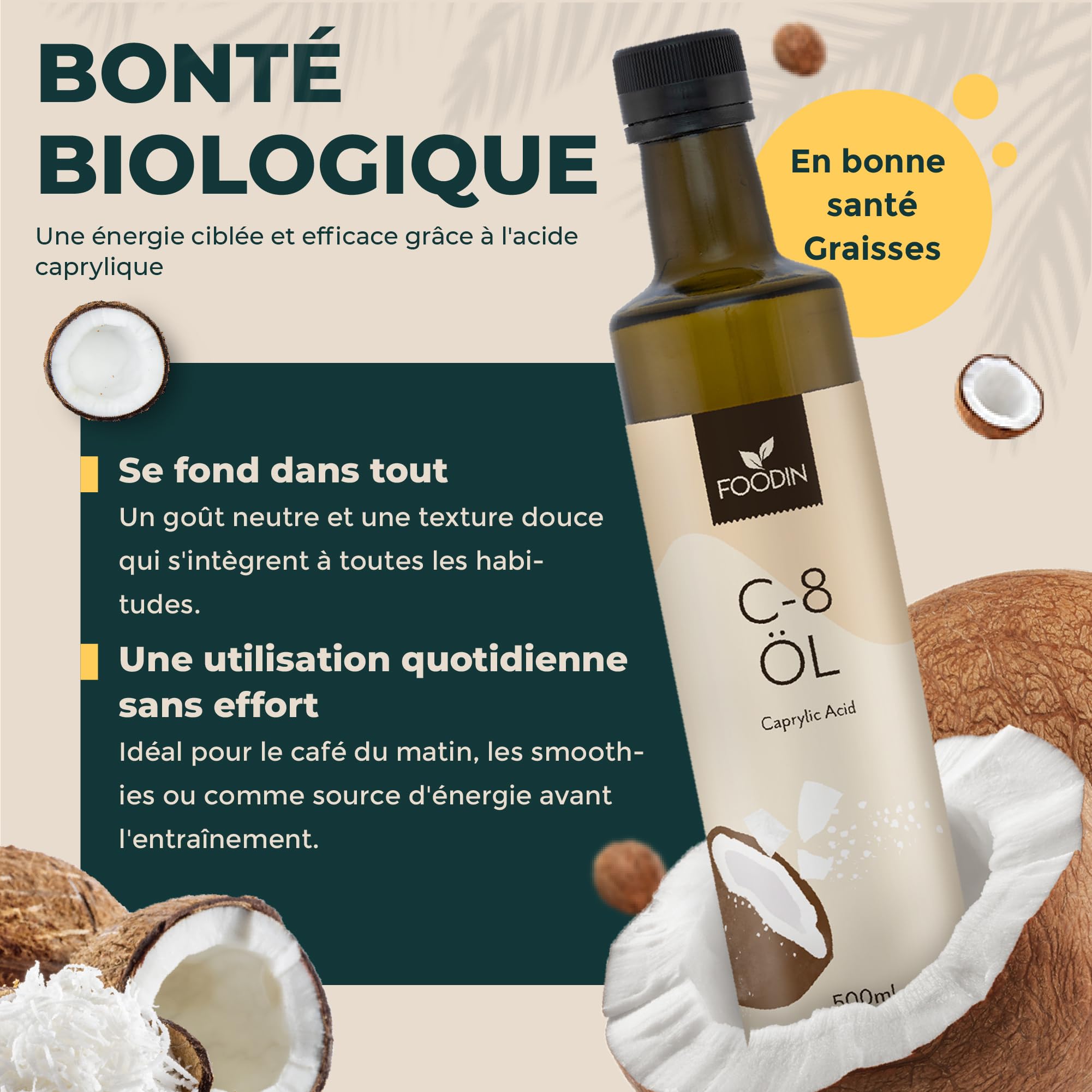 FOODIN Huile MCT C8 – 1000 ml (2 x 500 ml) – 100% C8 à base de Coco – Sans Goût – Pour Régime Cétogène – 3x Plus de Cétones