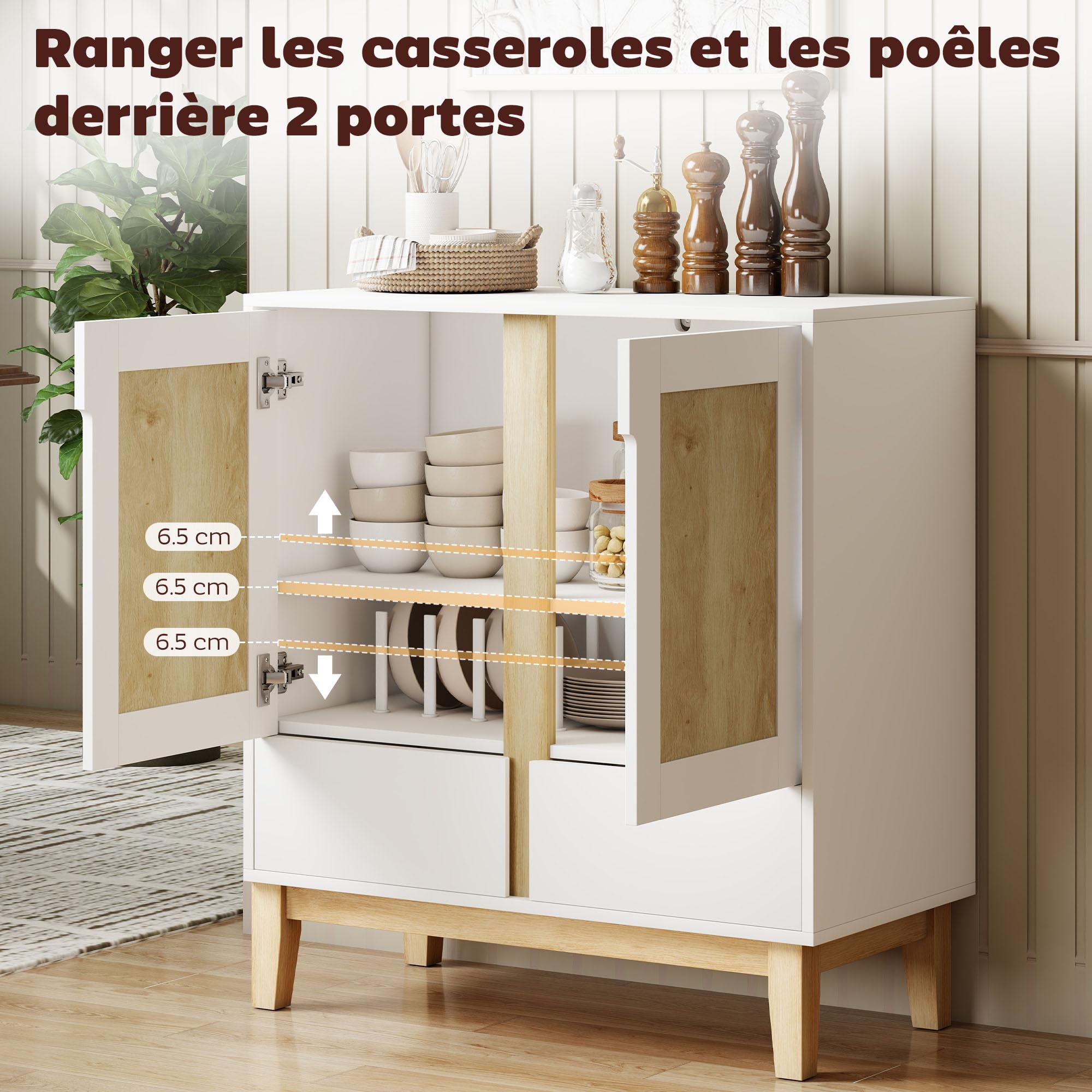 HOMCOM Buffet 2 Portes 2 Tiroirs Nordique 80 x 40 x 86 cm Blanc et Chêne | Meuble de Rangement, Étagère Réglable, Pieds en Bois de Caoutchouc, Buffet Salle à Manger, Cuisine et Salon
