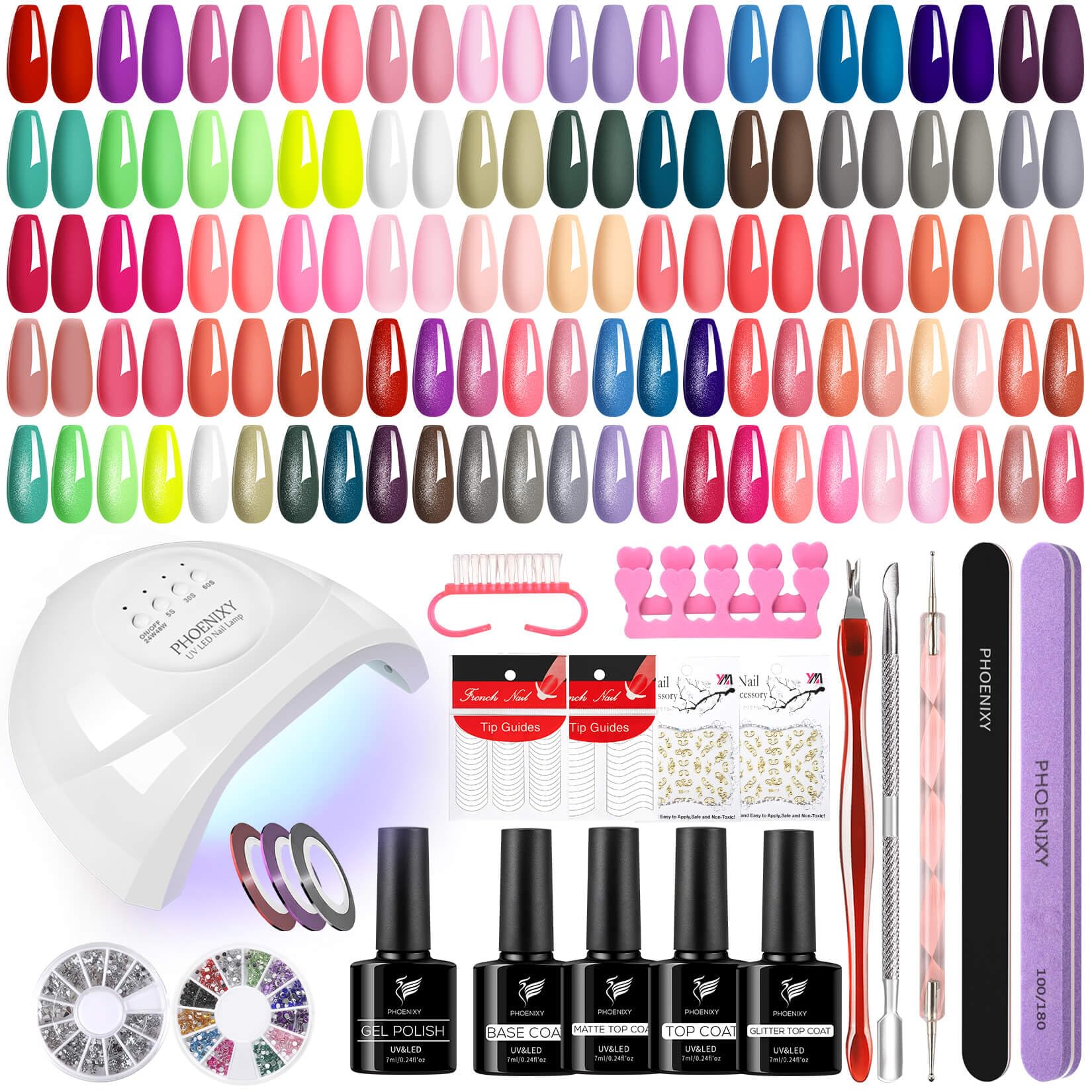 40 Colores Kit Uñas Semipermanentes, Phoenixy Uñas Semipermanentes Kit Completo con Top Coat, Base Coat, Matte Coat, Glitter Coat, Kit de Uñas Semipermanentes con Lampara de Uñas con Tres Efectos