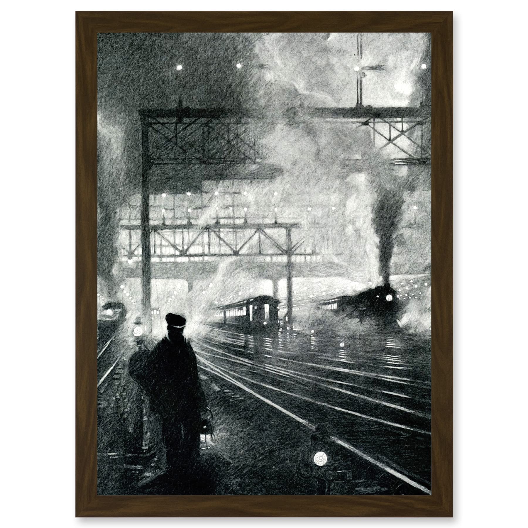Wee Blue Coo Travel Railway Tracks 1912 Soot Steam Train Locomotive Drawing Moody Artwork Framed Wall Art Print A4