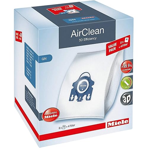 Miele AirClean 3D Efficiency Dust Bag, Type GN, XL Value Pack, 8 Bags and 4 Filters