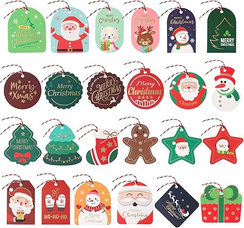 Etiquetas de regalo de Navidad, 72 etiquetas de Navidad con cuerda, etiquetas de regalo de Navidad de lámina dorada, etiqueta colgante para