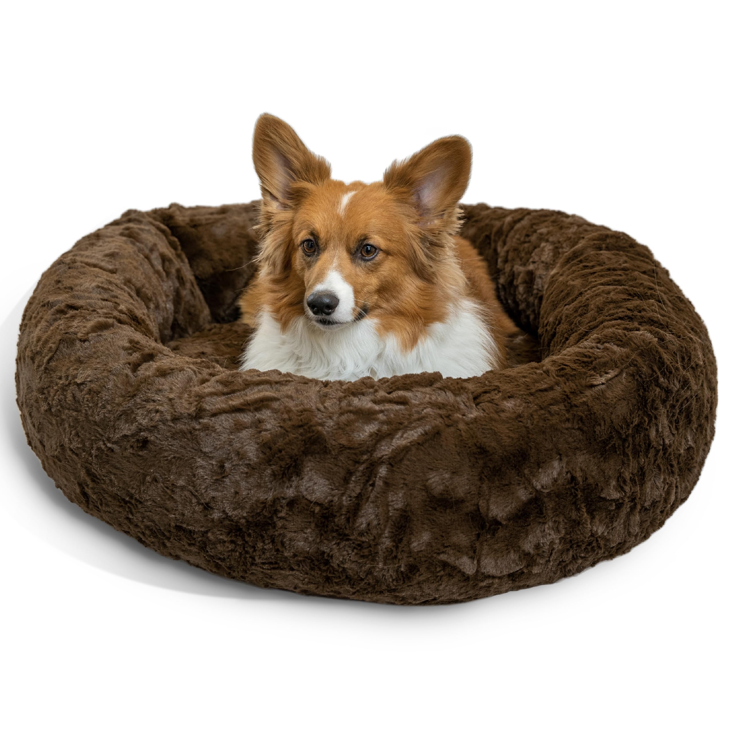 Best Friends by Sheri The Original Calming Donut Dog Bed for Medium Dogs up to 45 lbs, Lux Faux Fur, Dark Brown, Medium, 30" x 30"