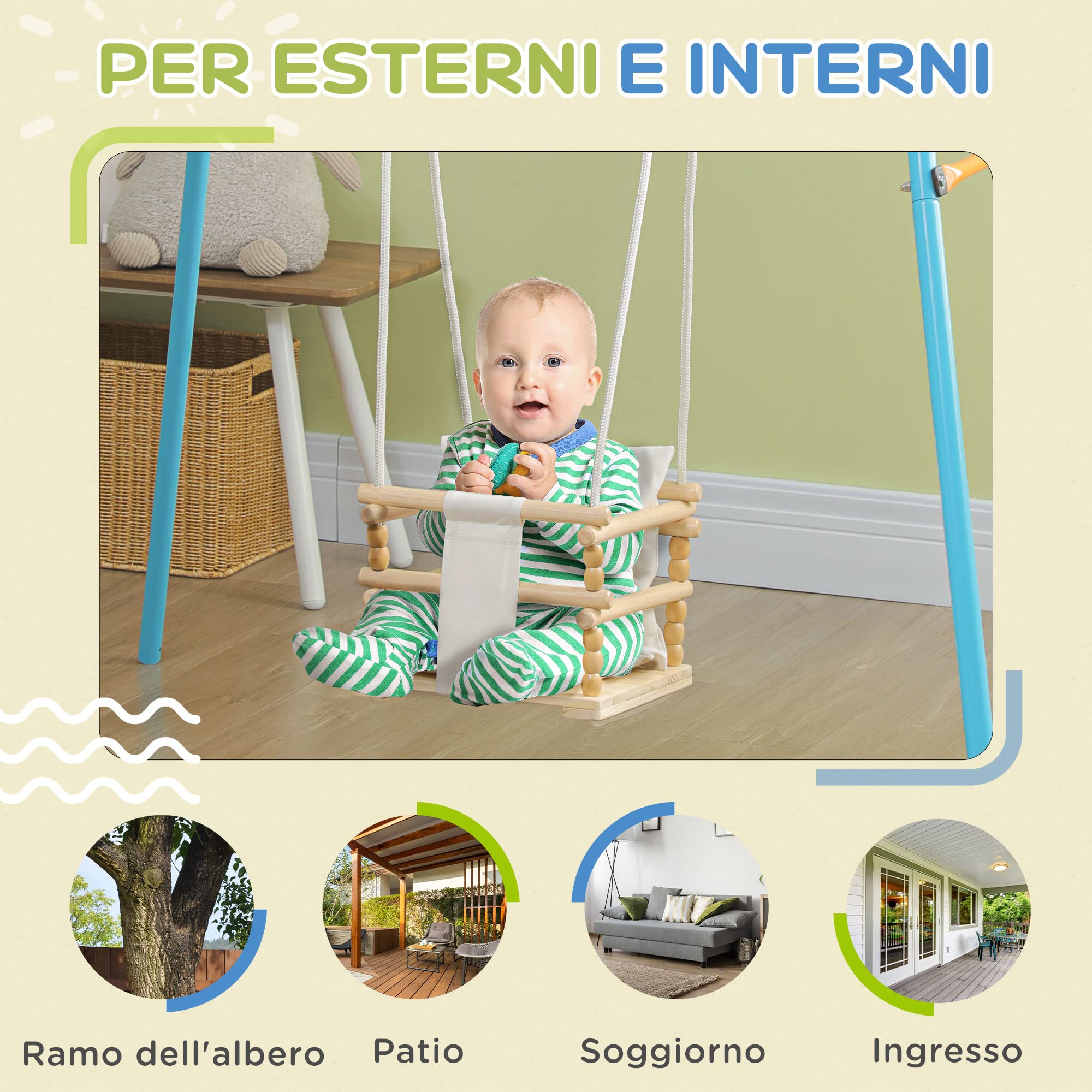 AIYAPLAY Altalena per Bambini 9-36 Mesi in Legno e Cotone per Interni ed Esterni con Corda Regolabile e Cuscino Rimovibile, 30x30x110-180 cm, Color Legno e Bianco