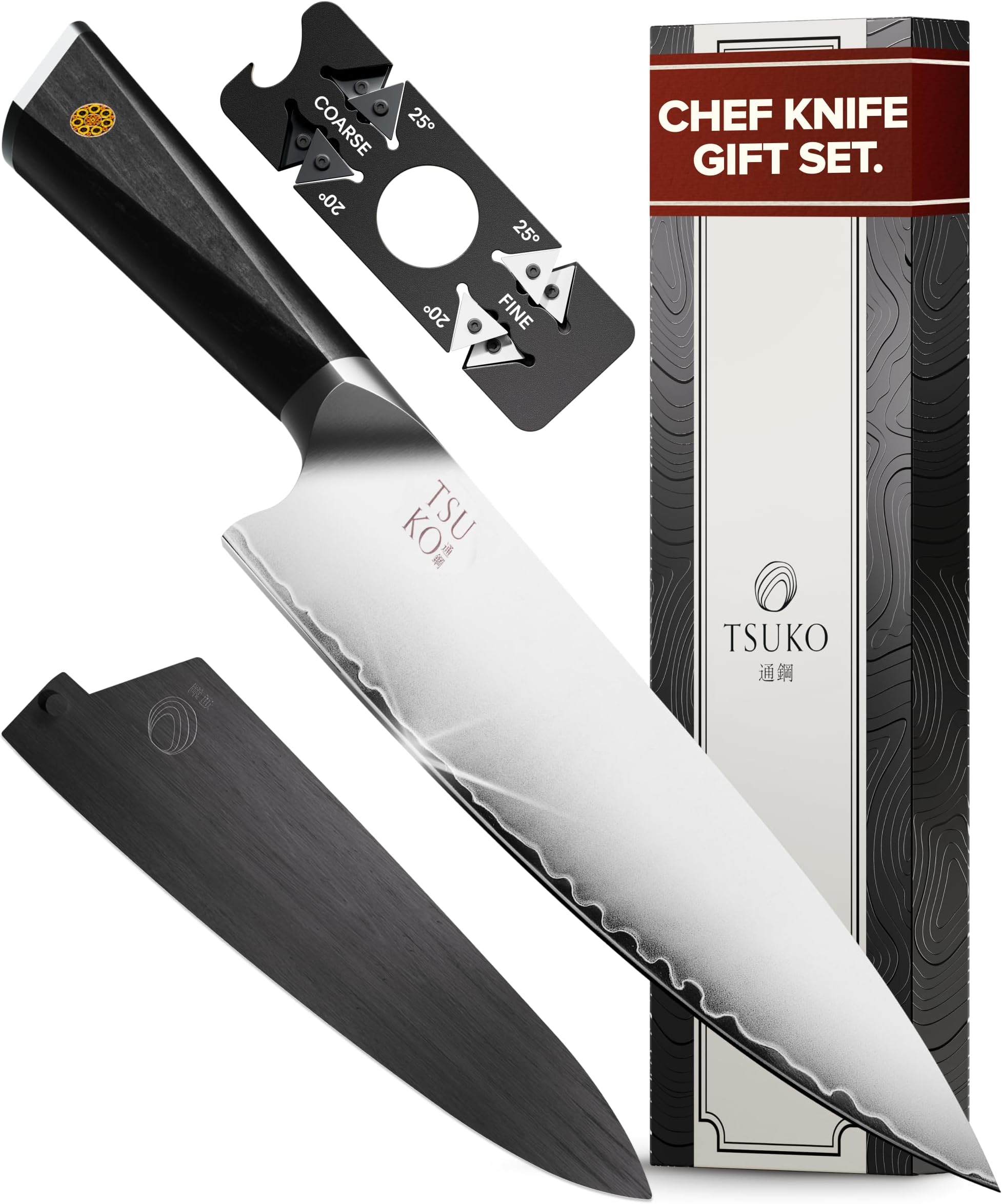 Chef Knife Four Stage Sharpener & Wooden Sheath - 8 Inch Professional Japanese Style Kitchen Knives Set, Sharp Gyuto Knife, Vegetable, Meat, Chopping Knife, Sharp Kitchen Knife Single for Chefs