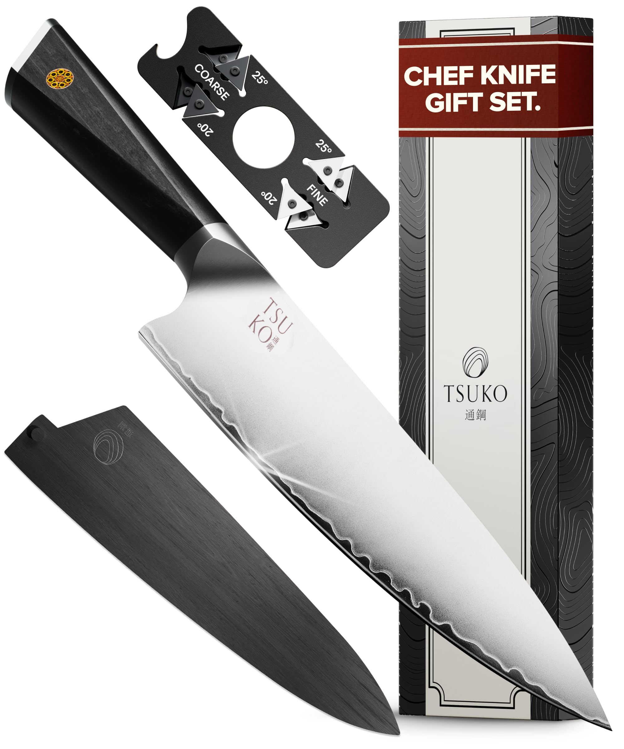 Chef Knife Four Stage Sharpener & Wooden Sheath - 8 Inch Professional Japanese Style Kitchen Knives Set, Sharp Gyuto Knife, Vegetable, Meat, Chopping Knife, Sharp Kitchen Knife Single for Chefs