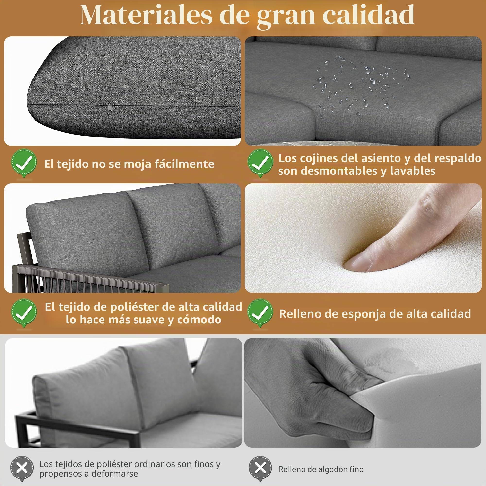 Soweiz Juego de salón de jardín, juego de muebles para 6-7 personas, sofá esquinero con estructura de hierro galvanizado, patas ajustables, incluye todos los cojines de asiento y respaldo, sofá