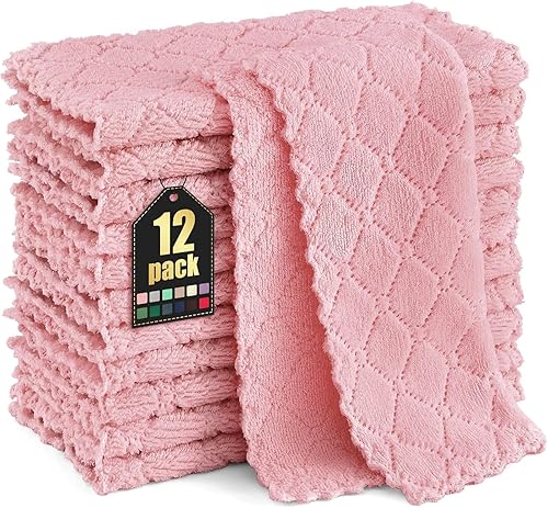Homaxy Paquete de 12 paños de cocina (10 x 10 pulgadas, rosa), paños de cocina de terciopelo coral súper suaves y absorbentes, paños de limpieza de