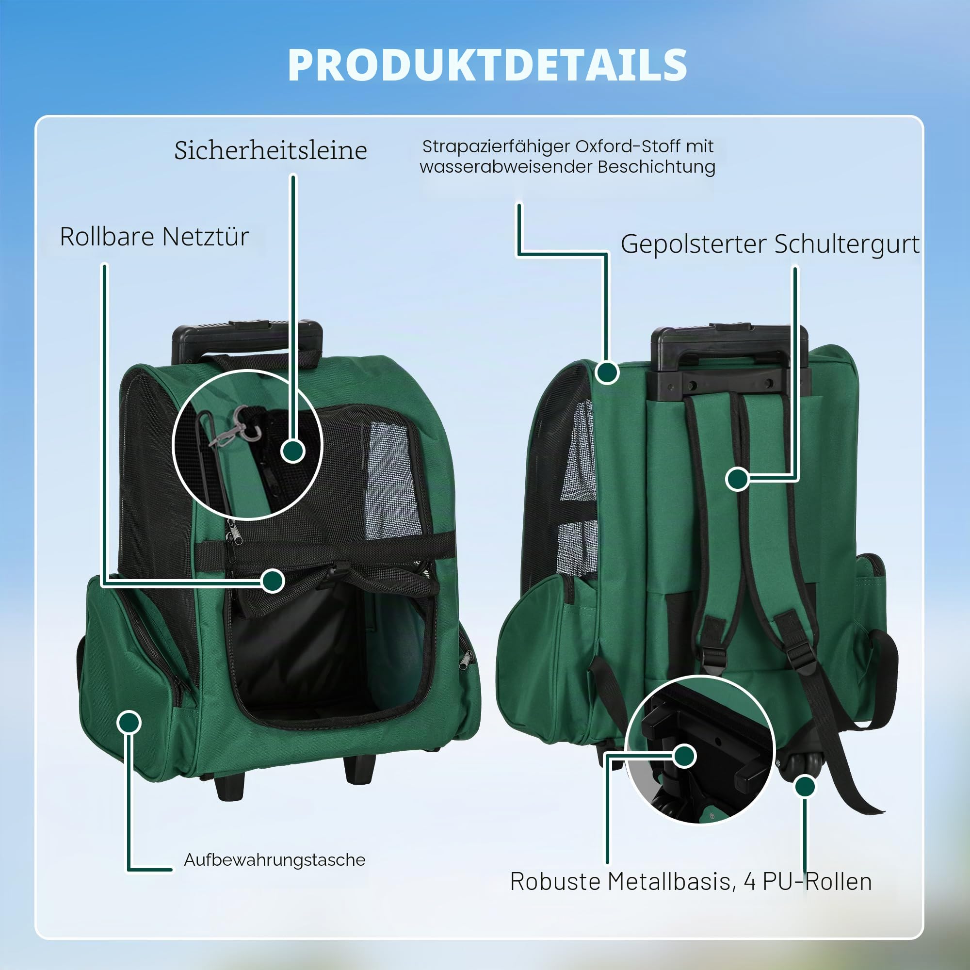 PawHut 2-in-1 Rucksackträger für Haustiere mit Rädern 42x25x55cm Grün