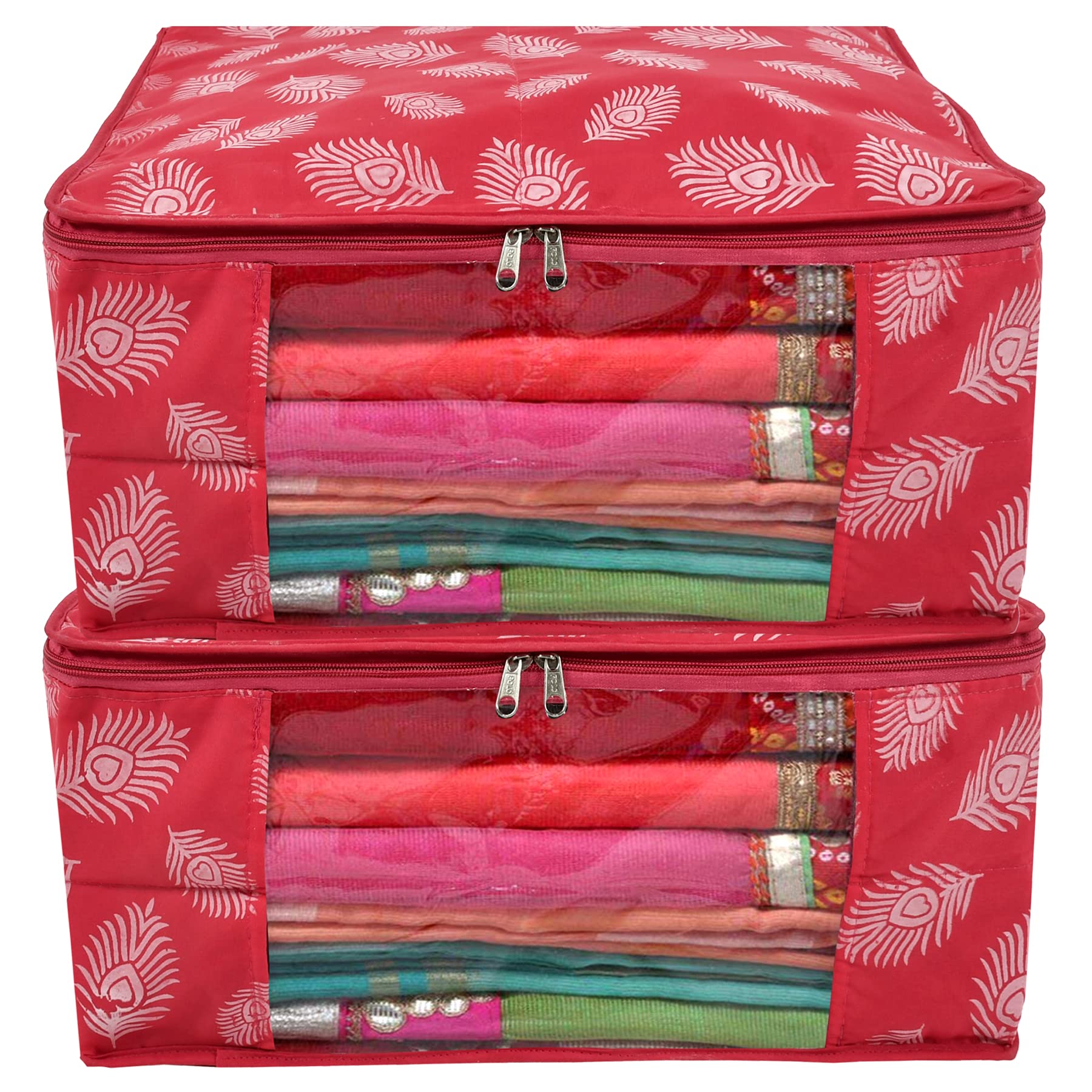 Kuber Industries Leaf Printed Saree Cover/Clothes Organiser For Wardrobe With Transparent Window Pack of 2 (Pink)