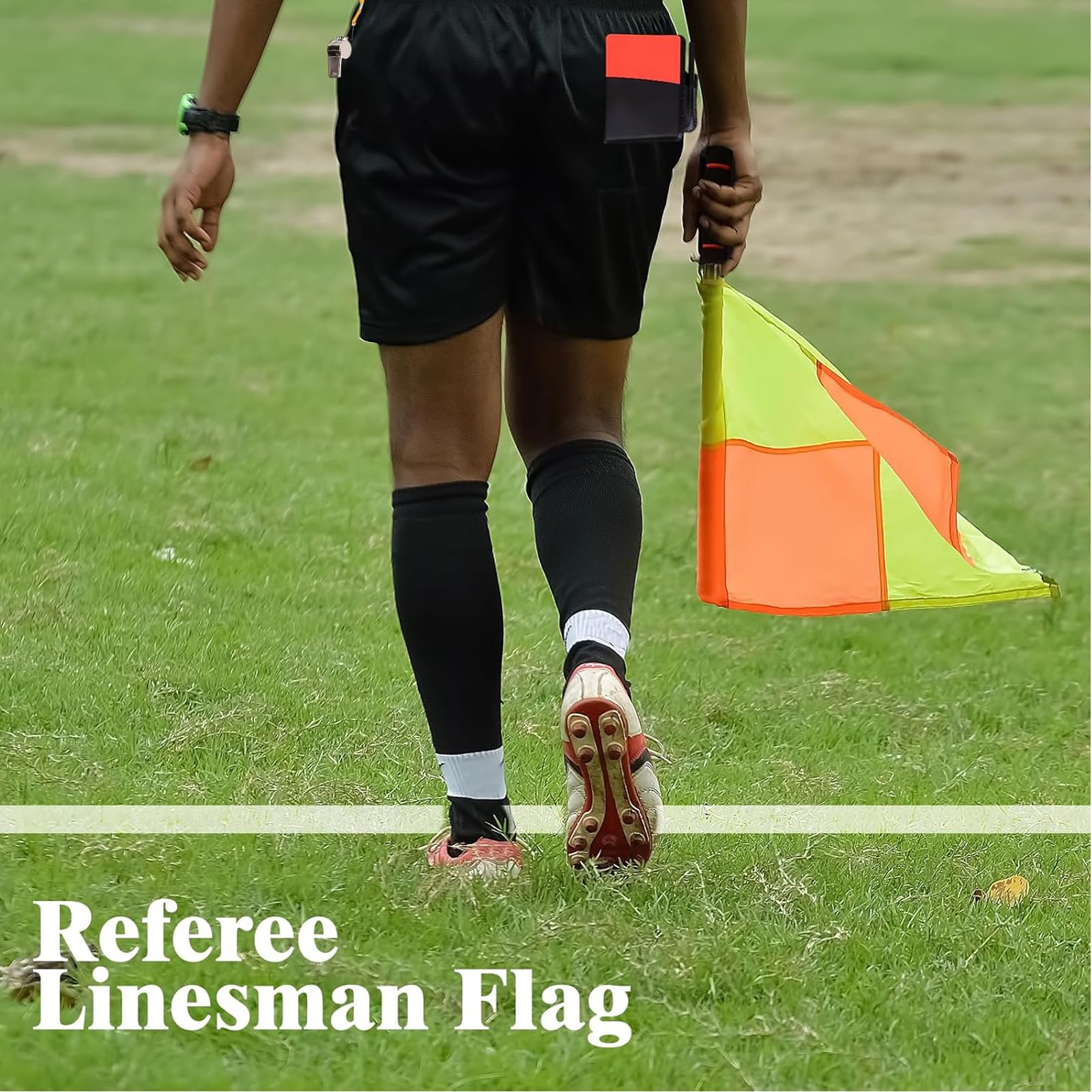 Fußball-Schiedsrichterflagge, kariertes Linienführungsflaggen-Set mit Aufbewahrungstasche, Metallstange, Schaumstoffgriff, wasserdicht, rot-gelbe Karten mit Notizbuch und Bleistift, Edelstahlpfeifen