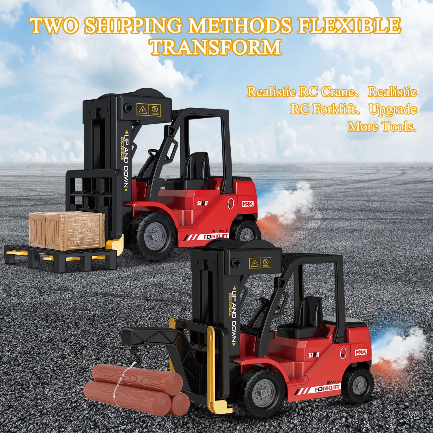Mostop Carretilla elevadora teledirigida, juguete 1/24 Rc carretilla elevadora de juguete, con cajas/arcilla y spray luminoso, dos baterías recargables y cargador, técnica de juguete de coche