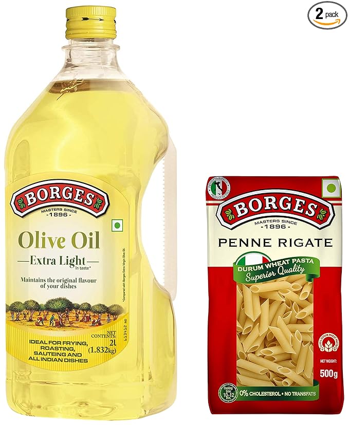 Borges Olive Oil Extra Light Flavour, 2 Liters & Penne Rigate High Protein Cholesterol Free Durum Wheat Pasta (500g)