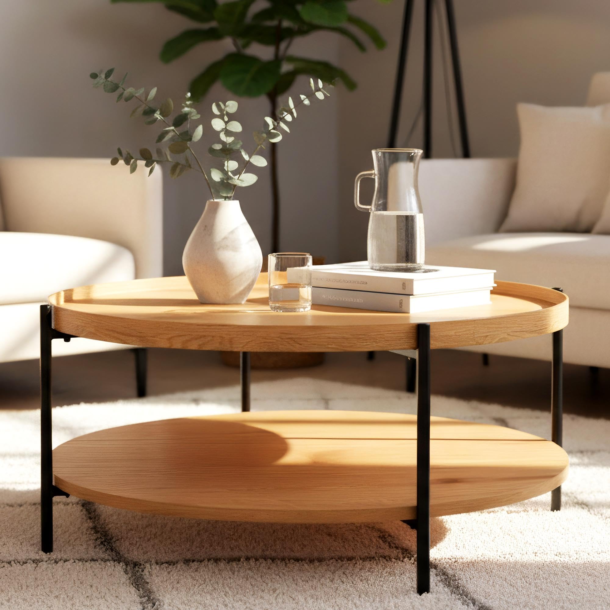 CLP Mesa de Centro Redonda de Madera Corbitan, mesita de salón de 2 Niveles con Almacenamiento, Estructura de Metal Negro pequeña, Color:Natura, Tamaño:Ø 80 cm