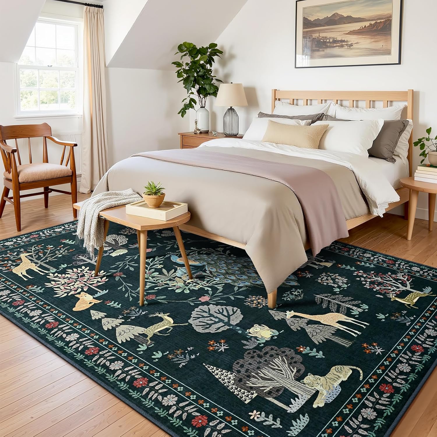 junovo 5x8 Jungle Animal Print Area Rug for Living Room, Washable Non-Slip Bedroom Rugs, Soft Low Pile Peacock Floral Carpet for Dining Room Playroom Nursery (Dark Green)