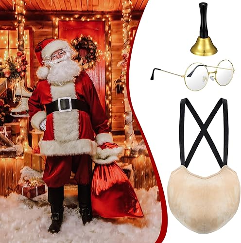 Miniatura 4 de Juego de 3 piezas de disfraces de vientre de Papá Noel para Navidad, con relleno falso, lentes transparentes, campanas doradas para hombres