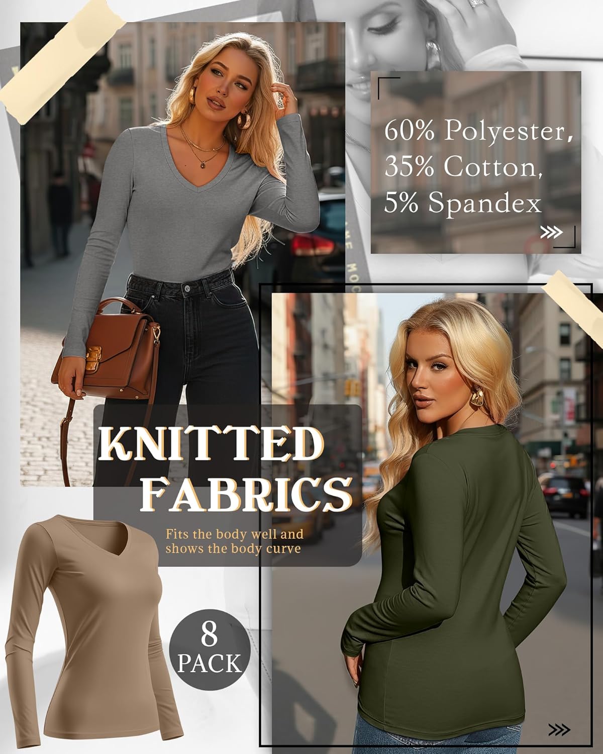 8 Pack Women's Long Sleeve Shirts Bulk Deep V Neck Slim Fit Tops Casual Knit Basic Fall Tees Multipack - Image 4