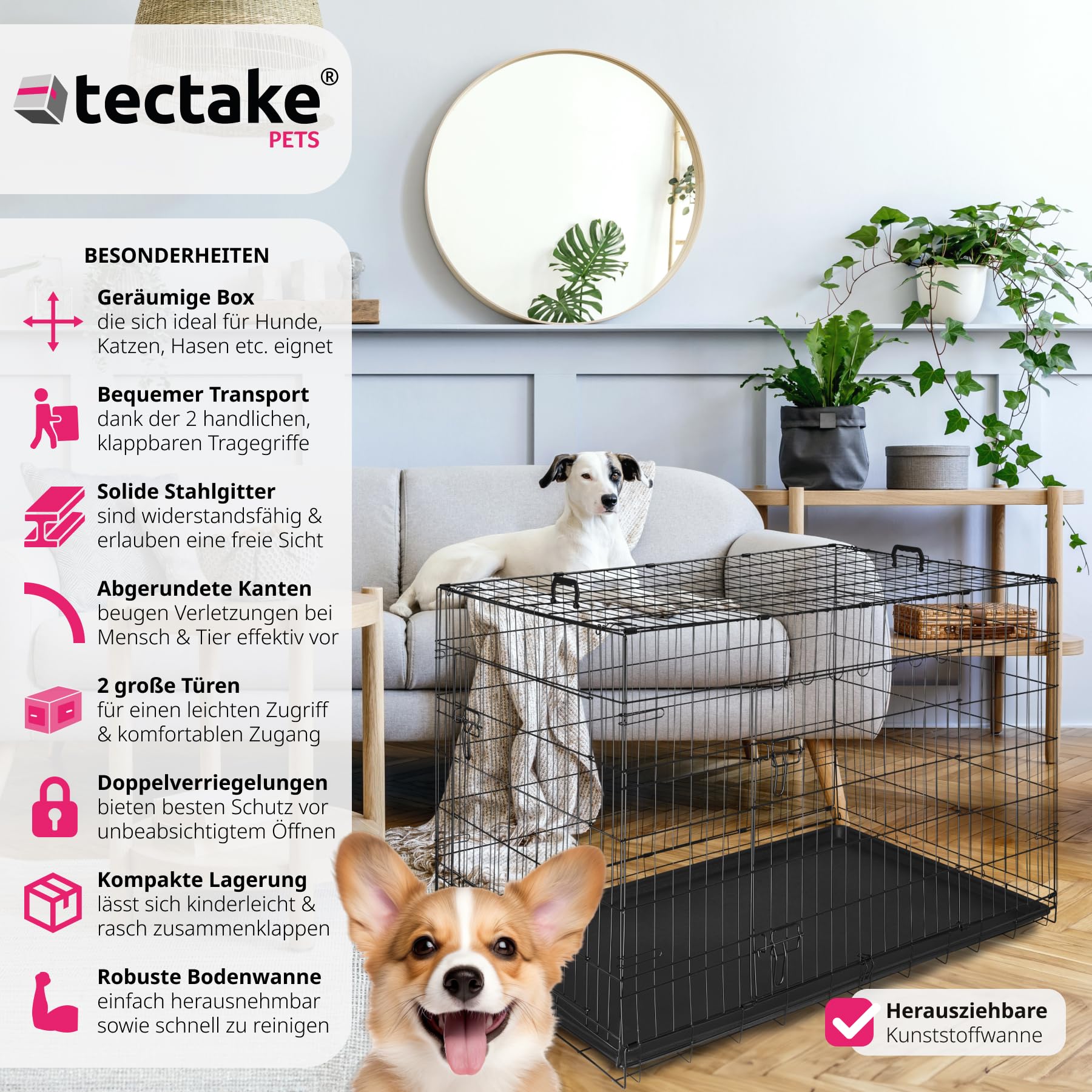 tectake® Hundekäfig, Hundegitter Box, Dog Kennel, Hundebox faltbar, Transportbox stabil, für Hunde und Welpen, für Kofferraum, Auto, Camping und Zuhause, Wohnung - 121,5 x 75,5 x 80,5 cm