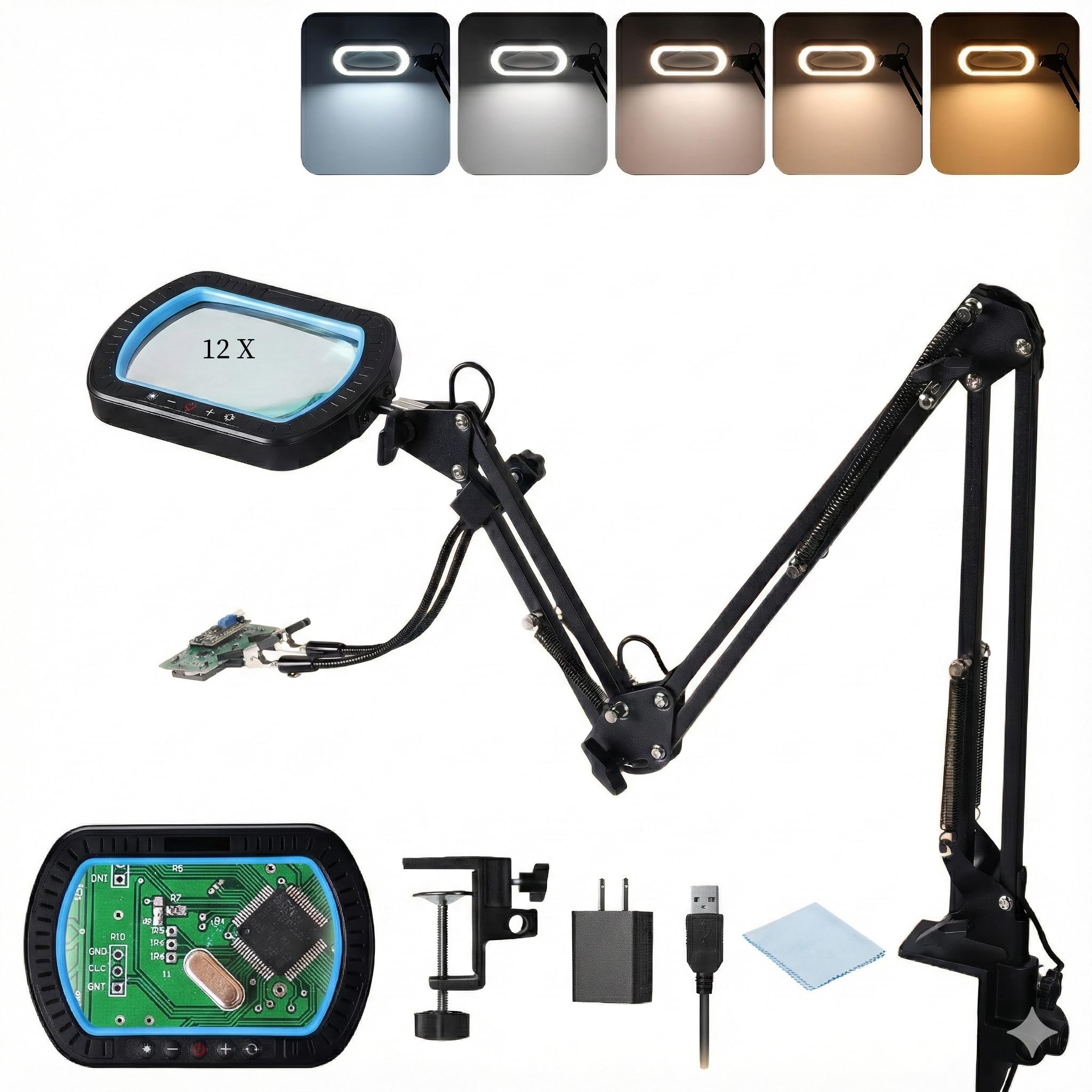 12X Magnifying Glass with Light and Clamp, Ultra Long Arm in 3 Sections, Glass Lens 5.3×3.2", 5000LM, 5 Color Temperatures and 10 Brightness Levels