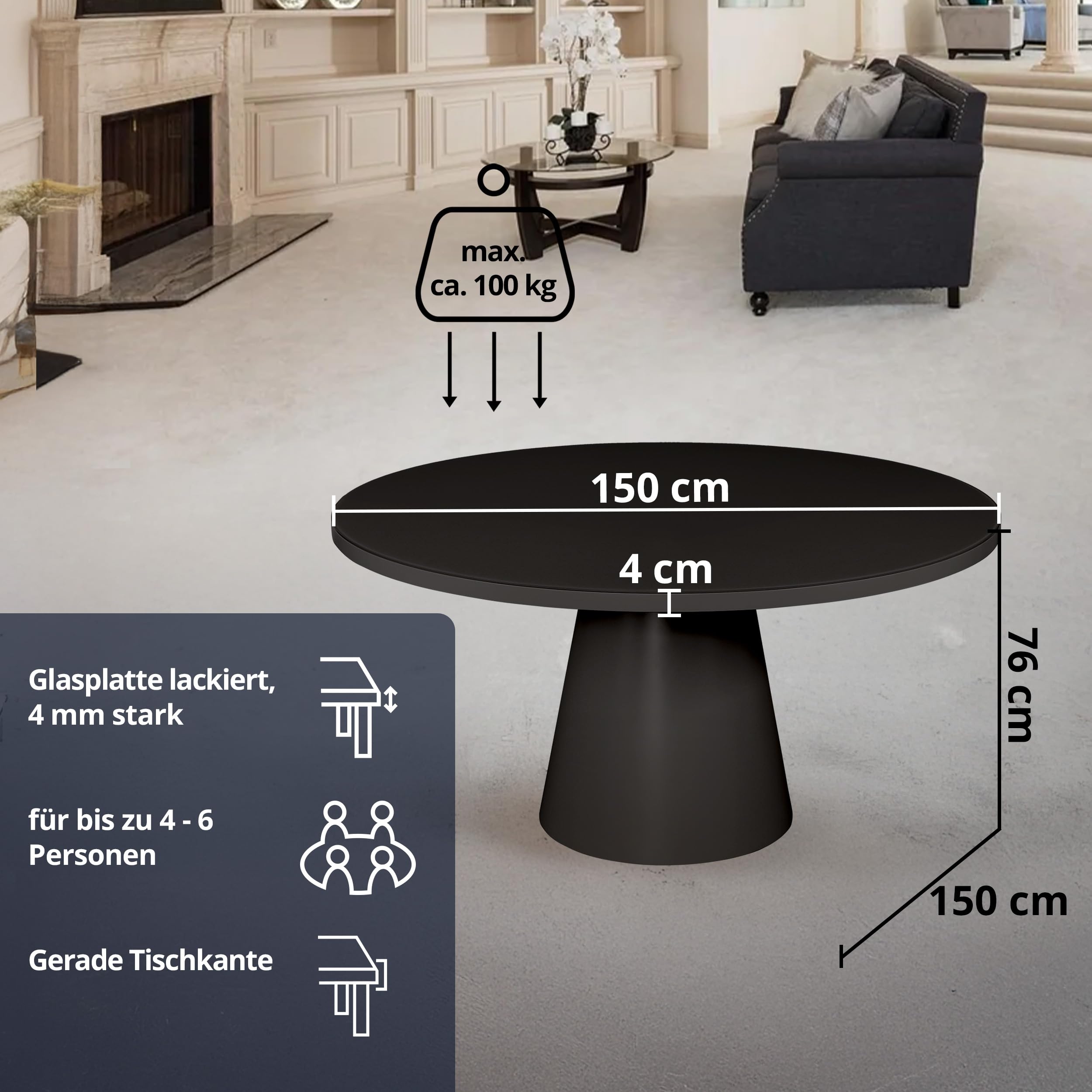 KHG Esstisch Rund 150 cm Durchmesser, Schwarz mit Glasplatte, Platz für 6 Personen, bis 100 kg belastbar - Minimalistisches Design, konisches Tischgestell, modern & pflegeleicht