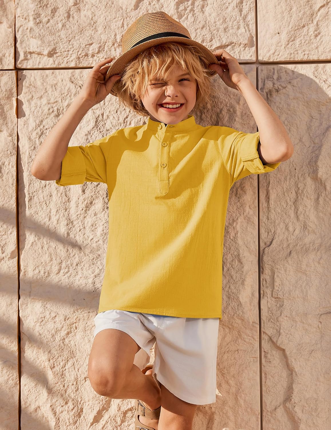 Arshiner Boys Linen Henley Shirt Long Sleeve Roll Up Casual Button Up Tops image 3