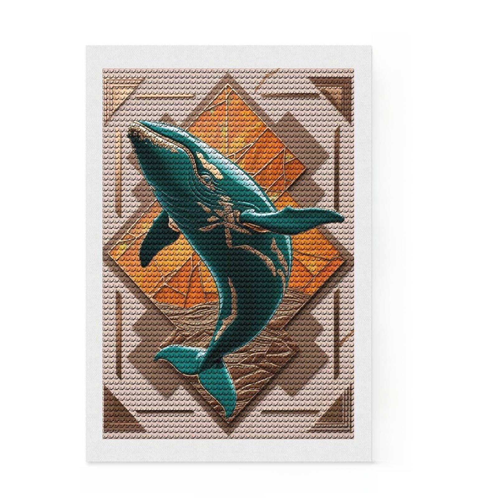 Junmoney Teal Whale Art Deco Diamond Art Canvas 8"x12", Relaxing DIY Hobby, Satisfying Creative Project, Farmhouse Decor, for Women