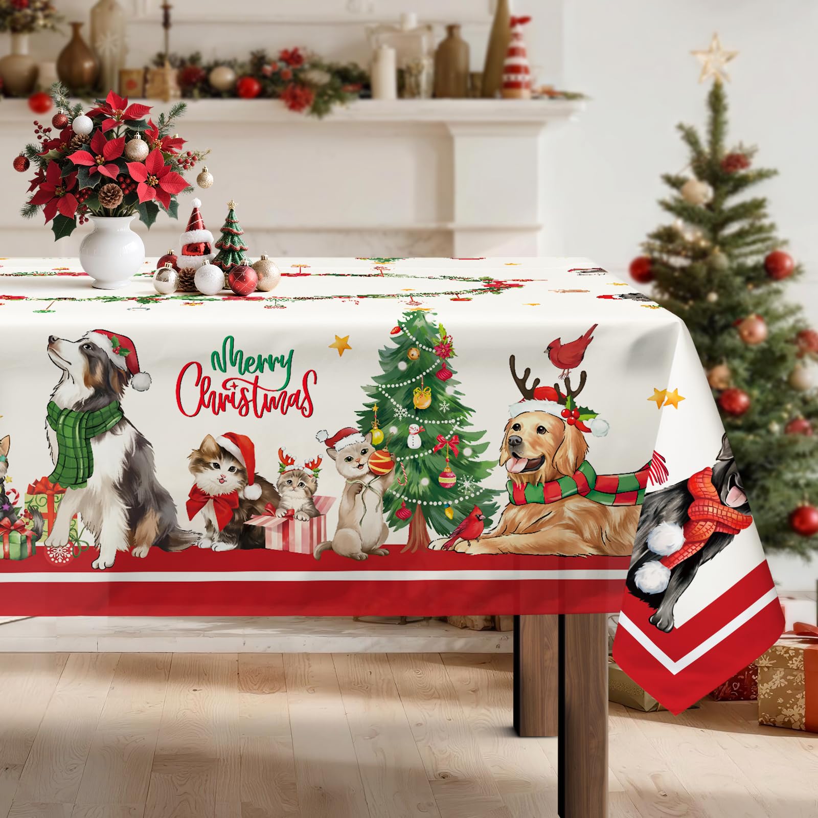 Arquiel Christmas Cats Dogs Tablecloth Waterproof, Red Table Cloth Rectangle, Washable Table Cover for Christmas Party Home Kitchen Decoration (60×104 Inch)