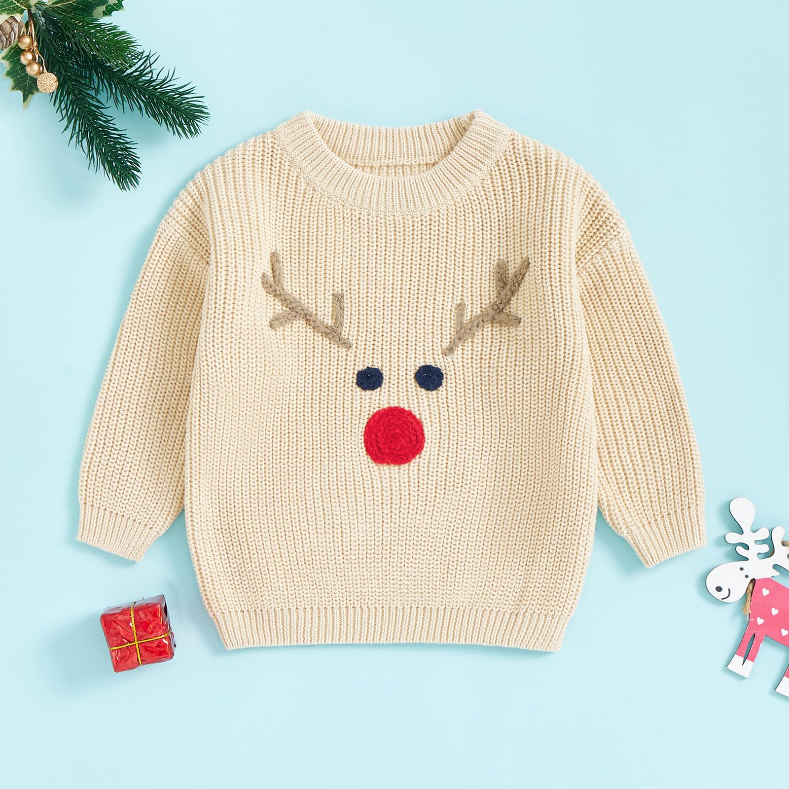 Toddler Baby Girl Boy Christmas Outfit Long Sleeve Reindeer Elk Embroidery Knit Sweater Fall Winter Xmas Clothes (Khaki, 3T)