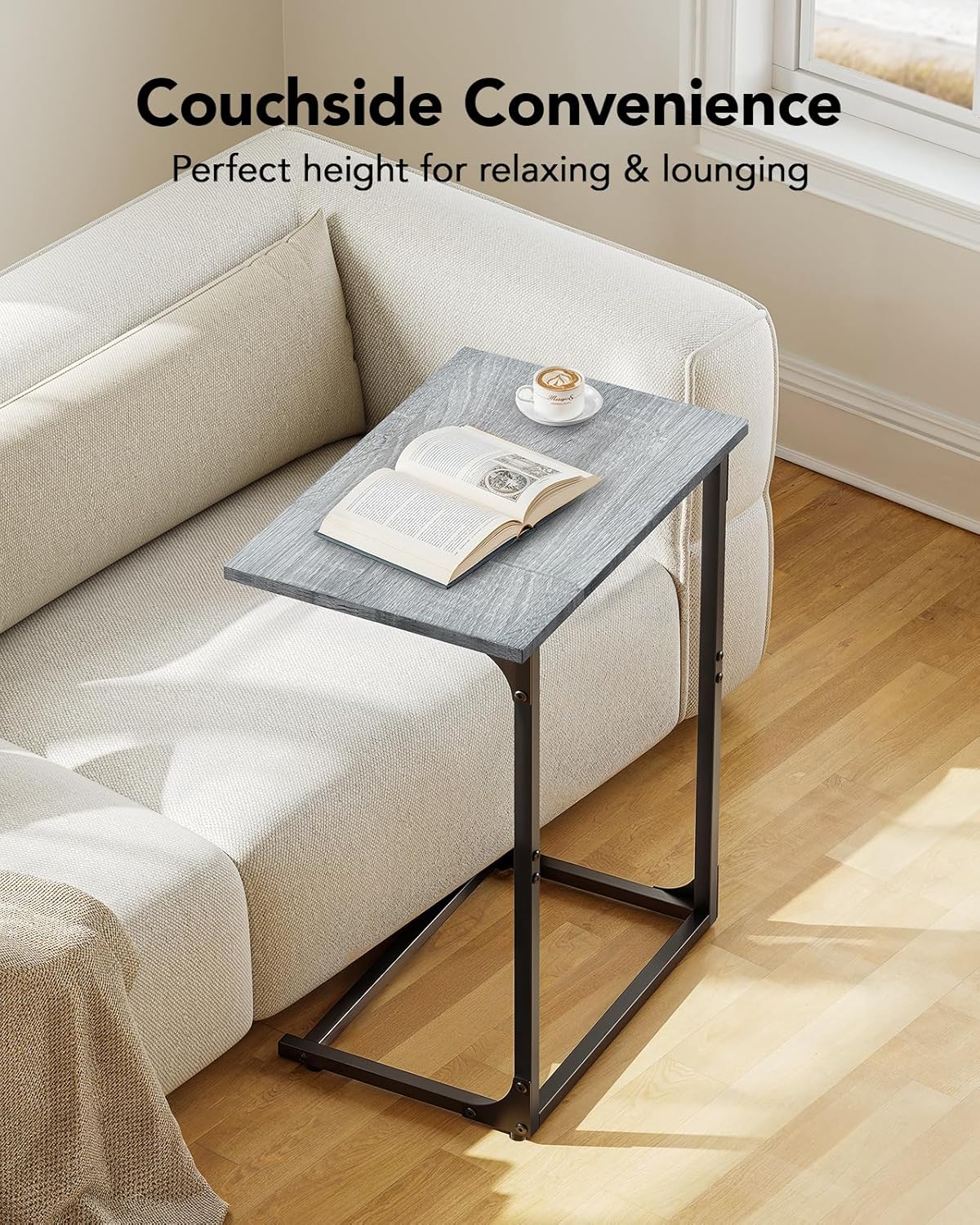 Pipishell C-Shaped Side Table, C Table for Sofa with Two-Piece Desktop & Metal Frame, Large Surface End Table for Living Room, Bedroom, Bedside, Rustic Design, Grey