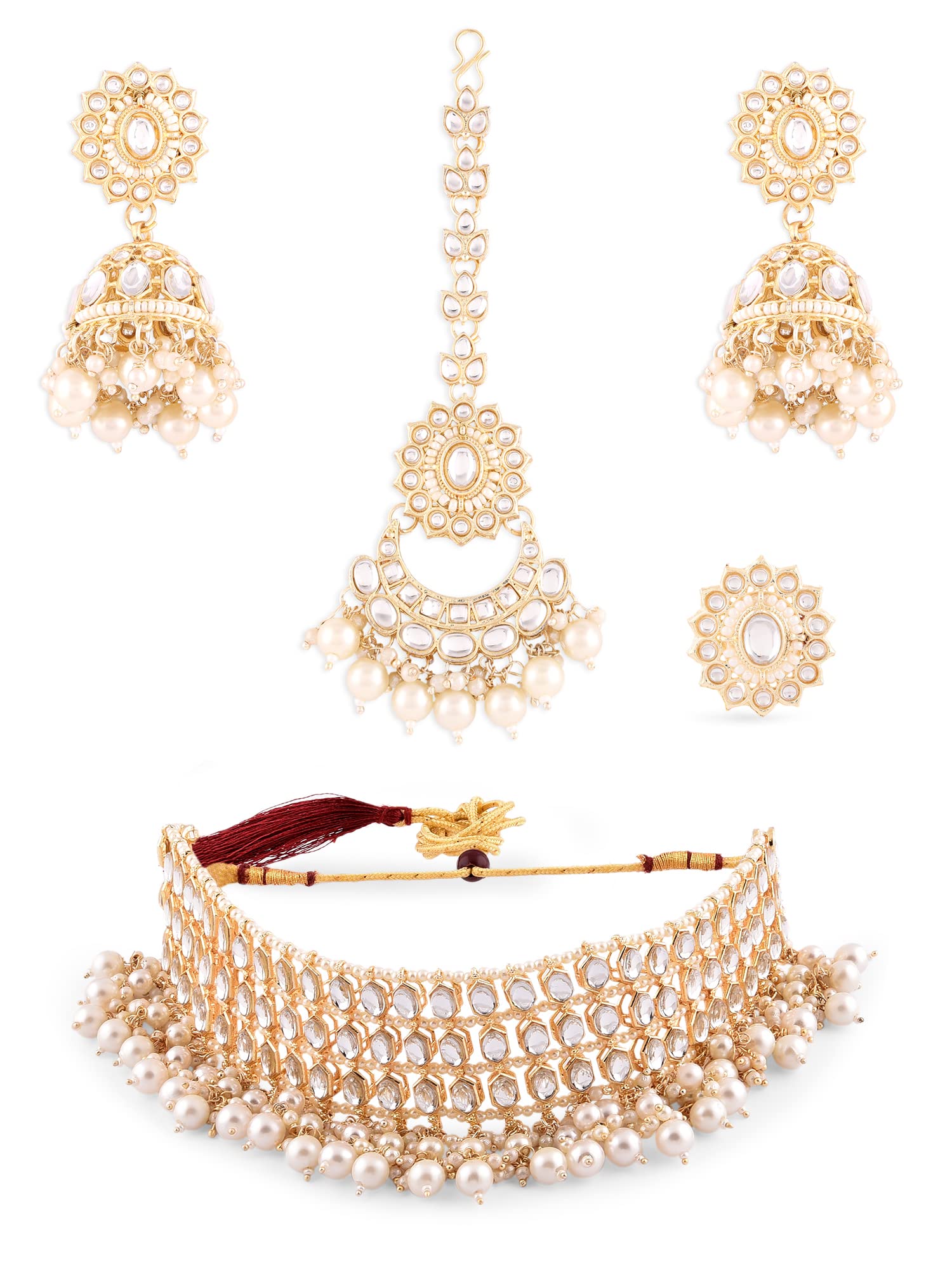 ZAVERI PEARLS Gold Tone Kundan & Pearls Choker Necklace Earring Maangtikka & Ring Set For Women-ZPFK14416 (B0B6RNF7FC) Amazon Price History, Amazon Price Tracker