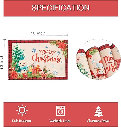 Miniatura 6 de Juego de 6 manteles individuales de Navidad para mesa de comedor, tapetes de lino de 18 x 12 pulgadas, decoración del hogar y decoración de cocina